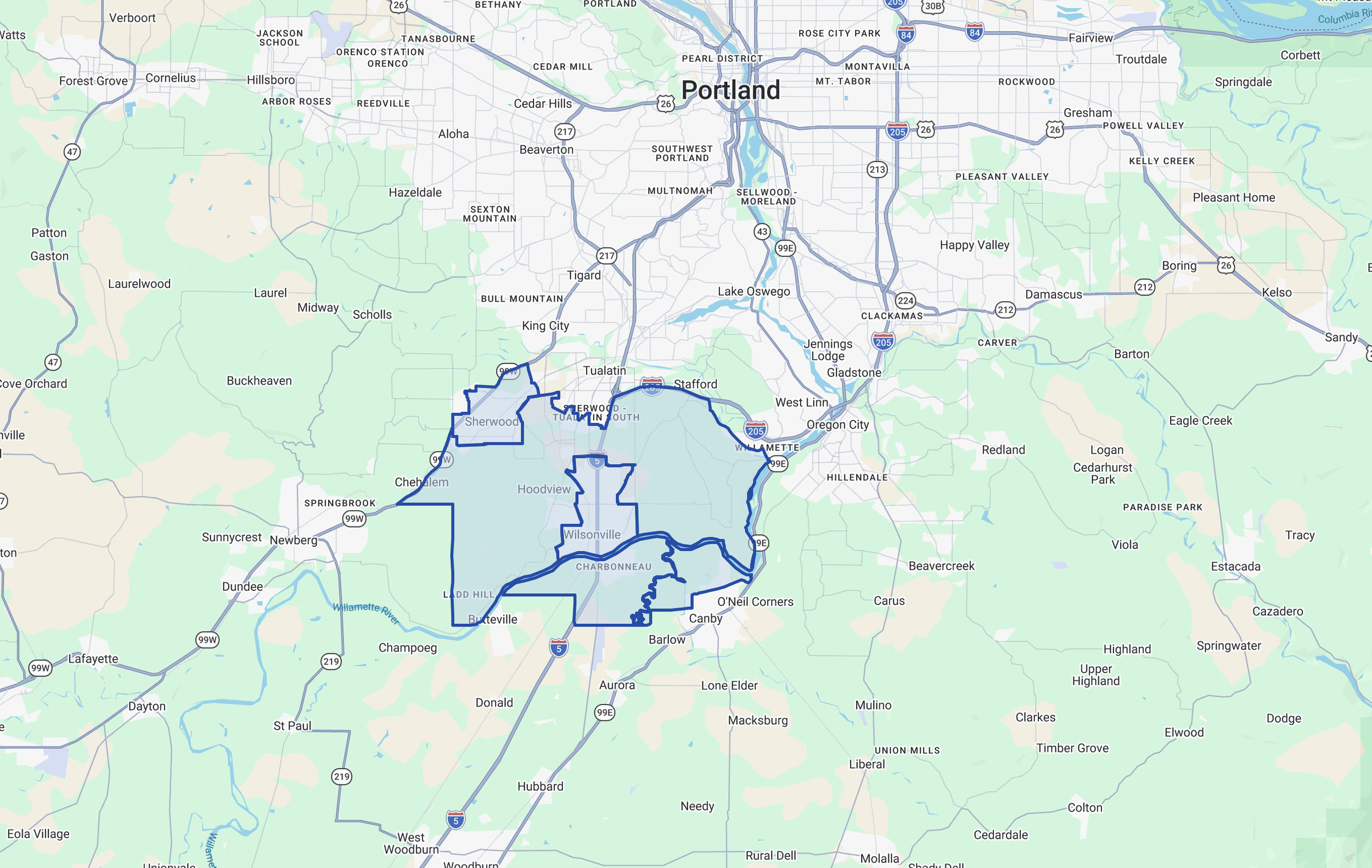 Map of Wilsonville & Sherwood industrial submarket with I-5 access for regional distribution