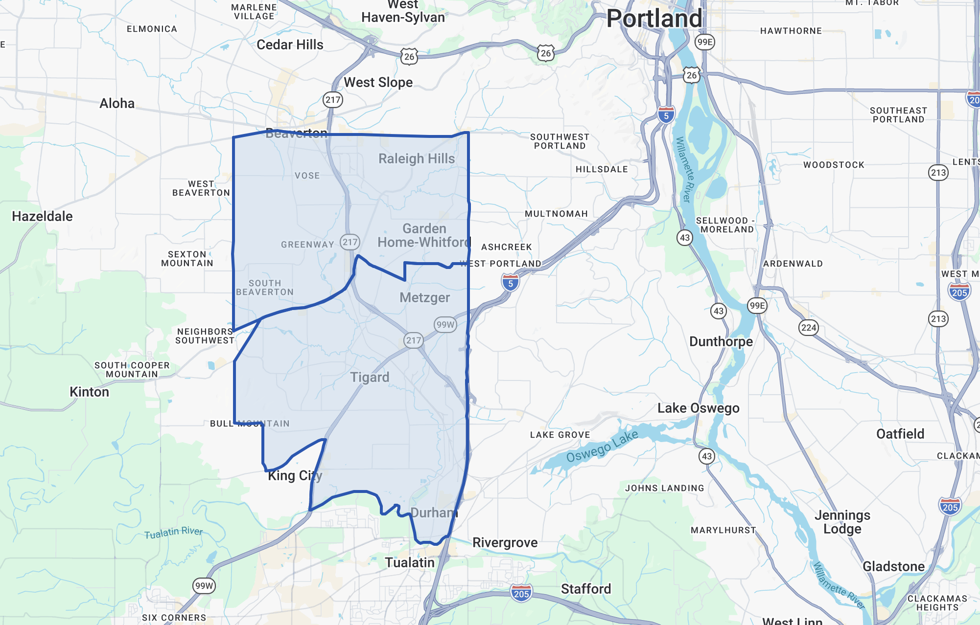 Map of 217 Corridor Beaverton and Tigard office submarket
