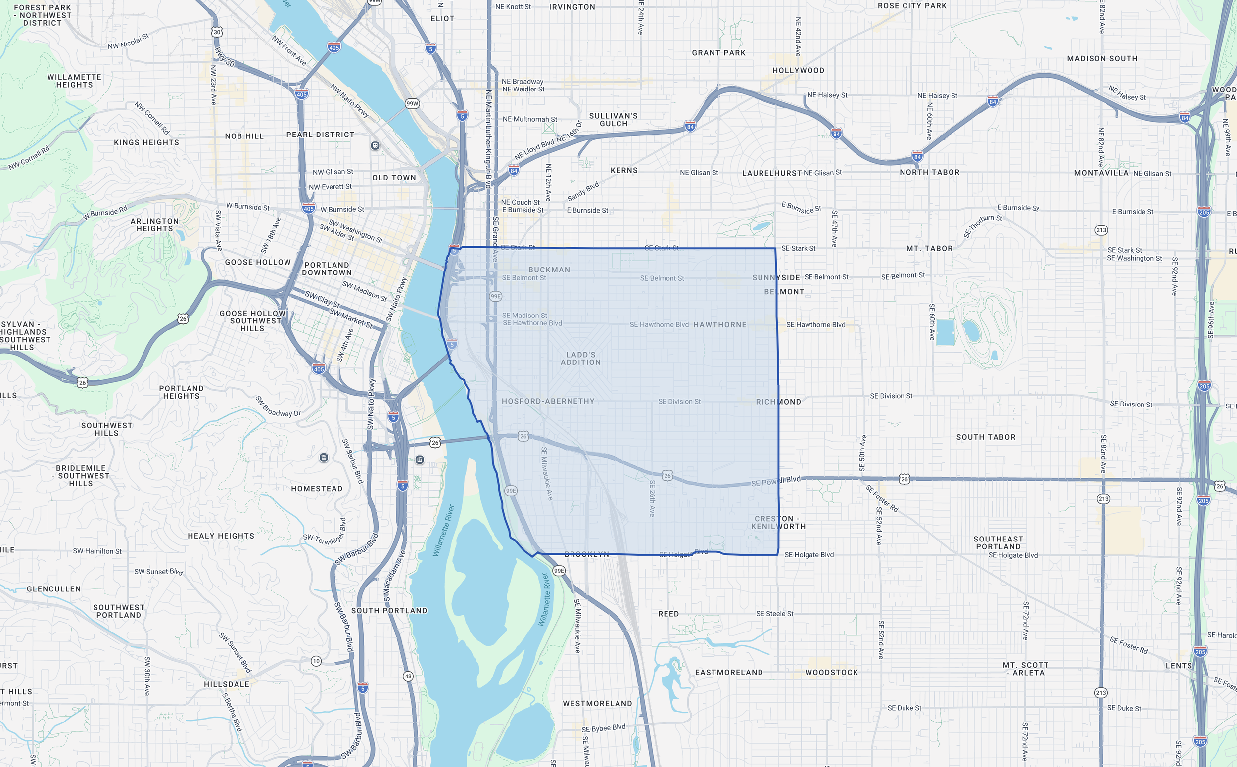 Map of Portland's Central Eastside and Close-In SE office submarket boundary including Buckman, Hosford-Abernethy, and Hawthorne neighborhoods