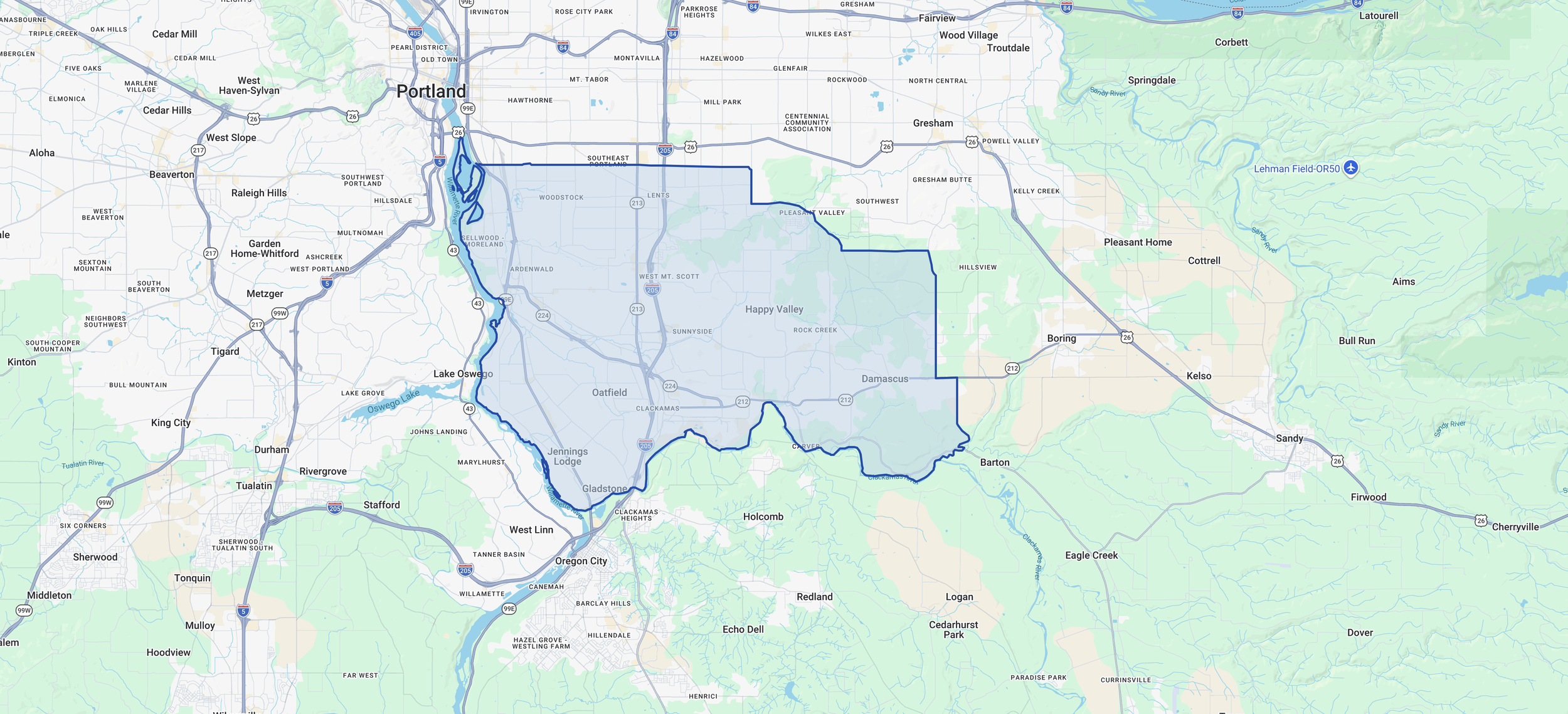 Map of Clackamas & Outer SE Portland industrial submarket—warehouse and contractor/service space