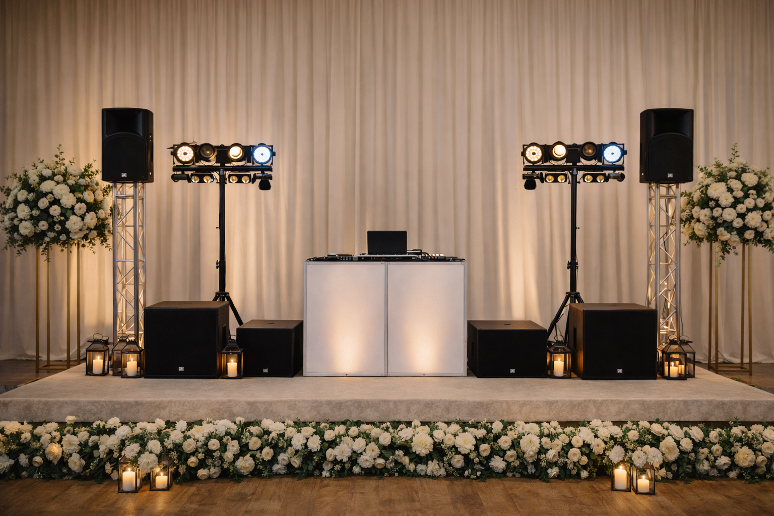 Wedding reception stage with floral arrangements, candles, speakers, and lighting equipment.