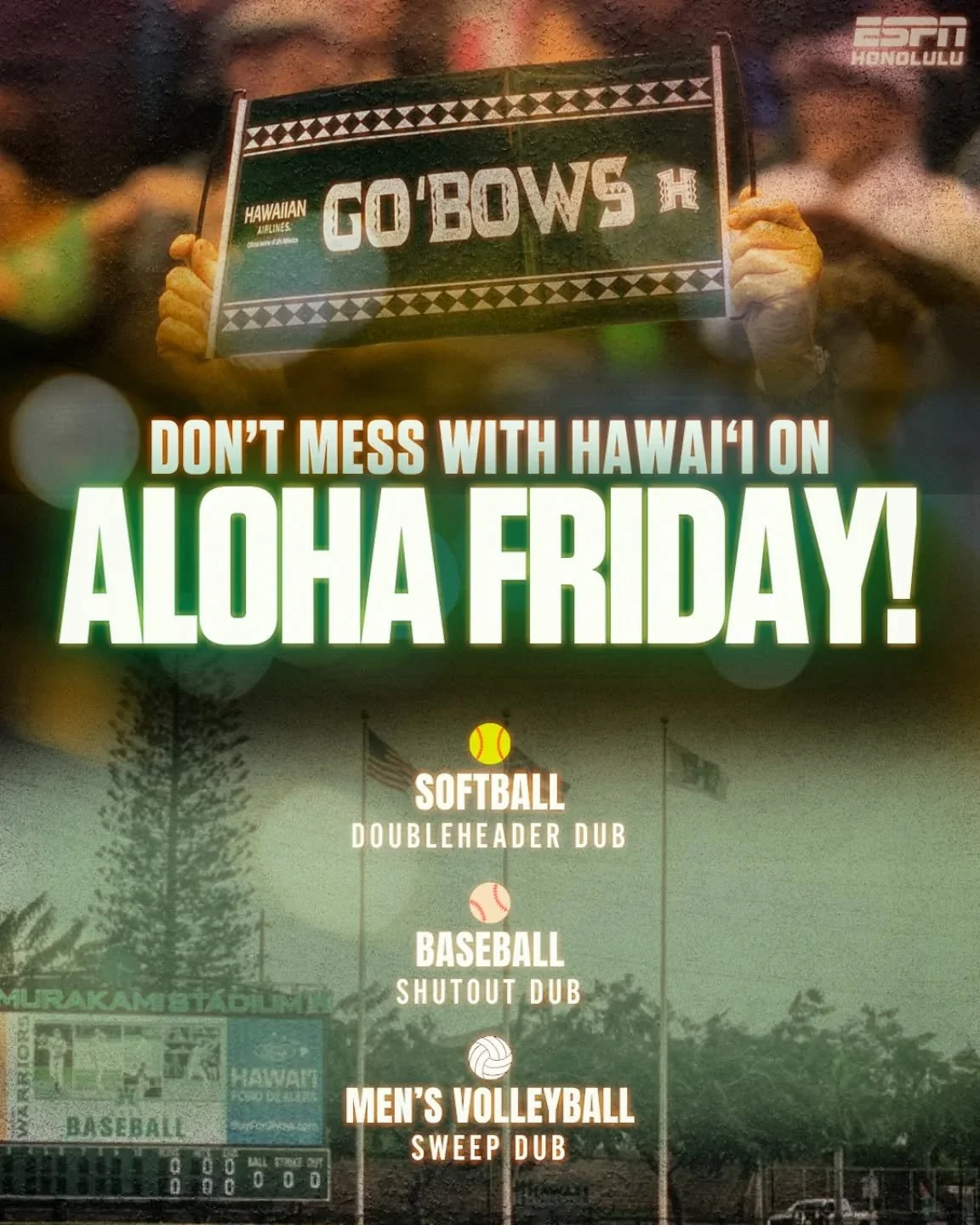 Aloha Friday = all dubs 🌈

🥎 Softball takes the doubleheader:
Hawai&lsquo;i 8, Mercyhurst 0
Hawai&lsquo;i 6, Portland State 5

⚾️ Baseball shuts out Ball State, 12&ndash;0

🏐 Men&rsquo;s Volleyball sweeps BYU, 3&ndash;0

#GoBows 🤙🏽