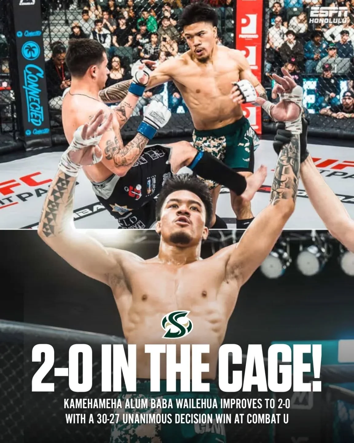 Still undefeated. #ICYMI: Kamehameha alum Baba Wailehua earns a 30-27 unanimous decision to improve to 2-0 at Combat U.

📸 @trve_kvlt_media