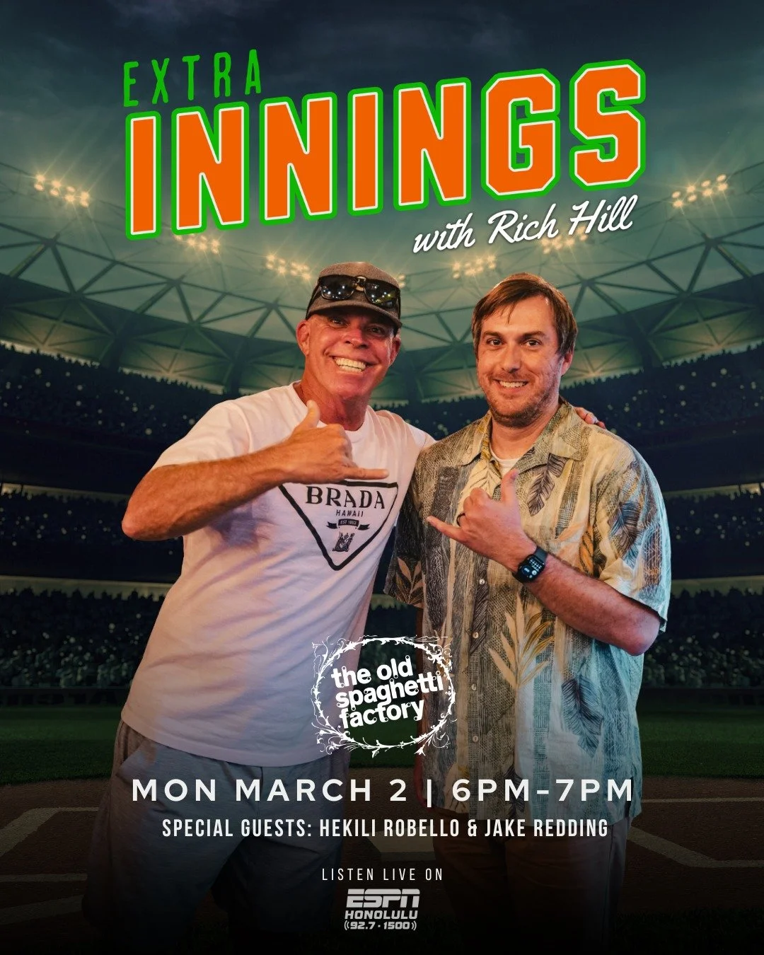 ⚾️ Extra Innings Tonight ⚾️

The second Extra Innings with Rich Hill of the 2026 baseball season goes live tonight from 6&ndash;7 PM at the Old Spaghetti Factory.

🍝 Get there early for the Pacheco &amp; Hart Show (3&ndash;6 PM), then stay as Rich H