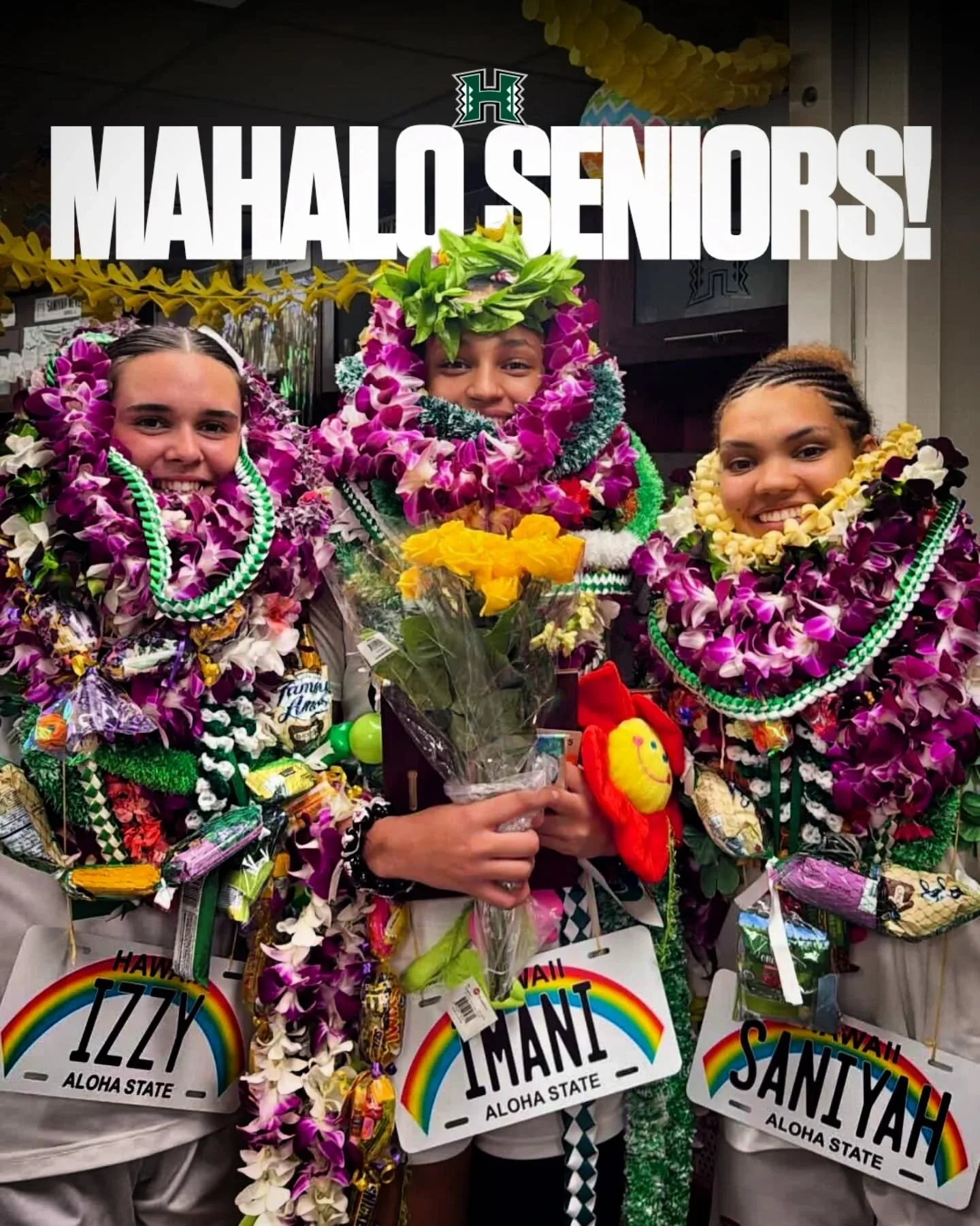 Senior Night sendoff for Imani Perez, Saniyah Neverson &amp; Izzy Forsyth. Now it&rsquo;s road business. 🌈🏀

#ICYMI: The Rainbow Wahine topped Cal State Fullerton, 67-49, in the home finale and now closes the regular season at UC Riverside (March 5