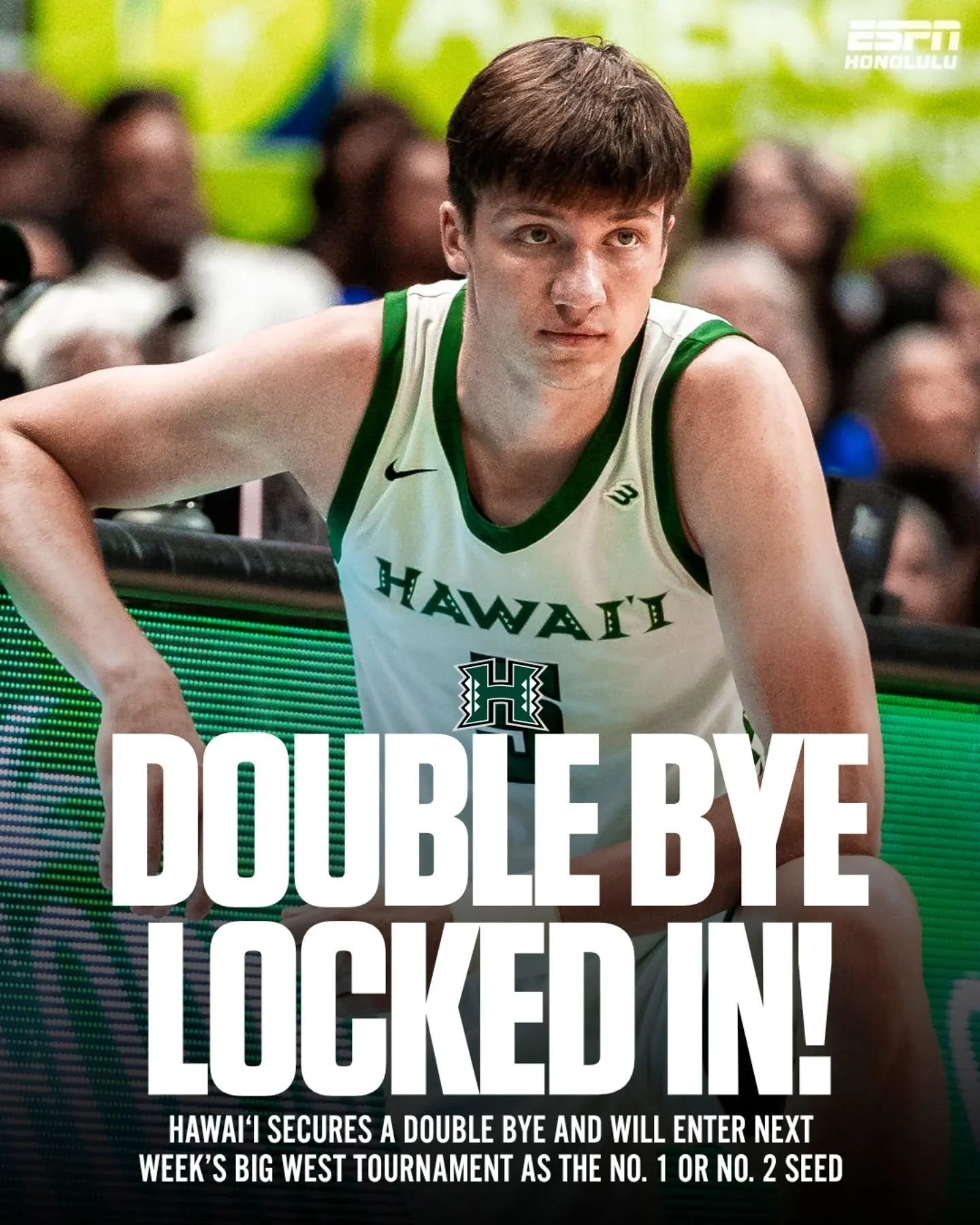 Double bye locked in. 🌈🏀

With wins by Cal State Fullerton and UC Davis, Hawai&lsquo;i secured a double bye in next week&rsquo;s Big West Tournament and is guaranteed either the No. 1 or No. 2 seed.

The Rainbow Warriors also defeated UC Riverside 
