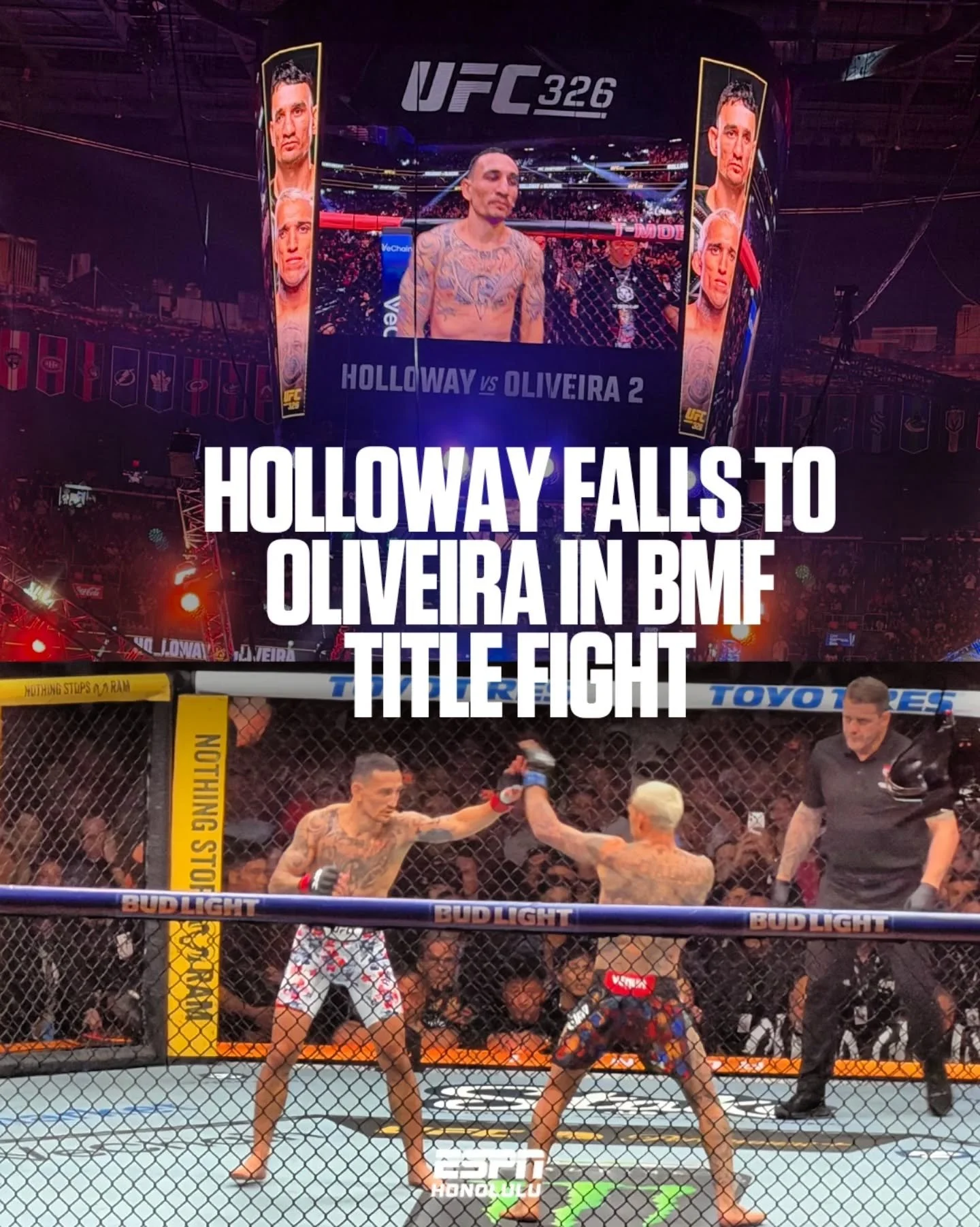 Charles Oliveira defeats Hawai&lsquo;i&rsquo;s Max Holloway by unanimous decision to claim the BMF title in the main event at UFC 326 in Las Vegas. Oliveira controlled the fight with takedowns in every round, while Holloway showed toughness defending