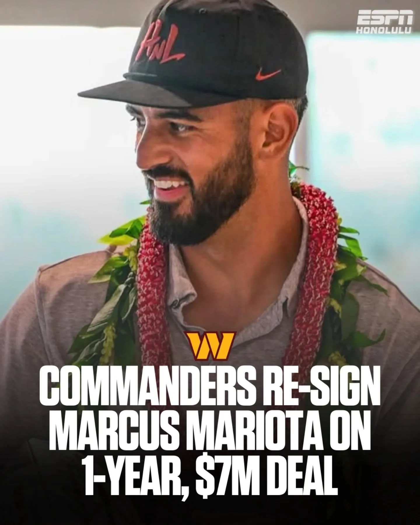 The Commanders are re-signing Hawai&lsquo;i&rsquo;s Marcus Mariota to a one-year, $7M deal that can reach $11M with incentives, keeping the veteran QB in Washington as the backup to Jayden Daniels for the 2026 season. 🤙🏽🏈

📸 @motiv8foundation