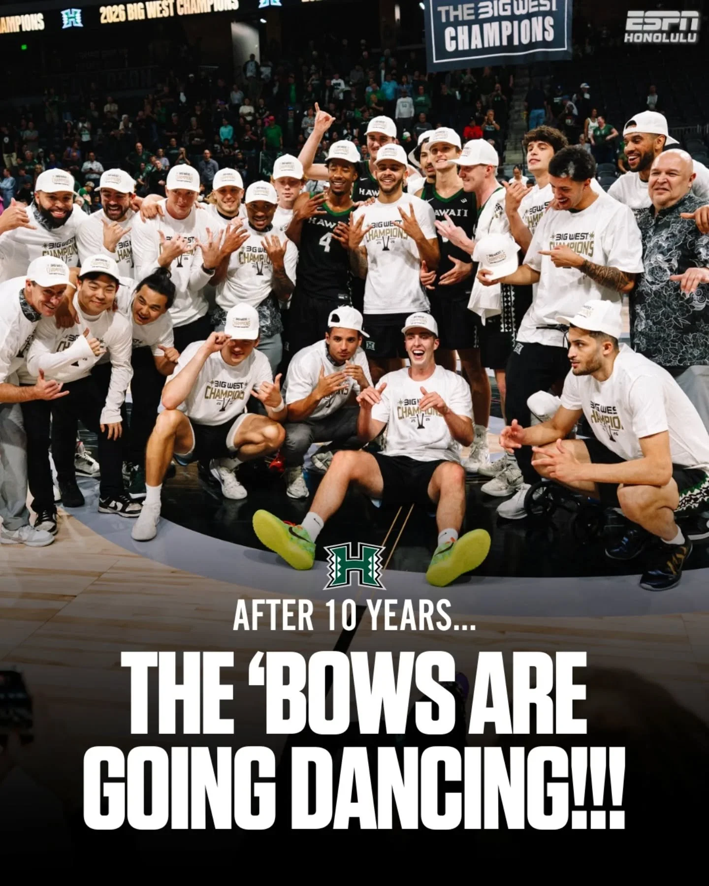 Champions of the Big West. 🌈🏀

Hawai&lsquo;i tops UC Irvine 71-64 to capture its first conference title in 10 years and punch its ticket to the NCAA Tournament.

Tournament MVP Isaac Johnson scored 22 to lead four &lsquo;Bows in double figures.

📸