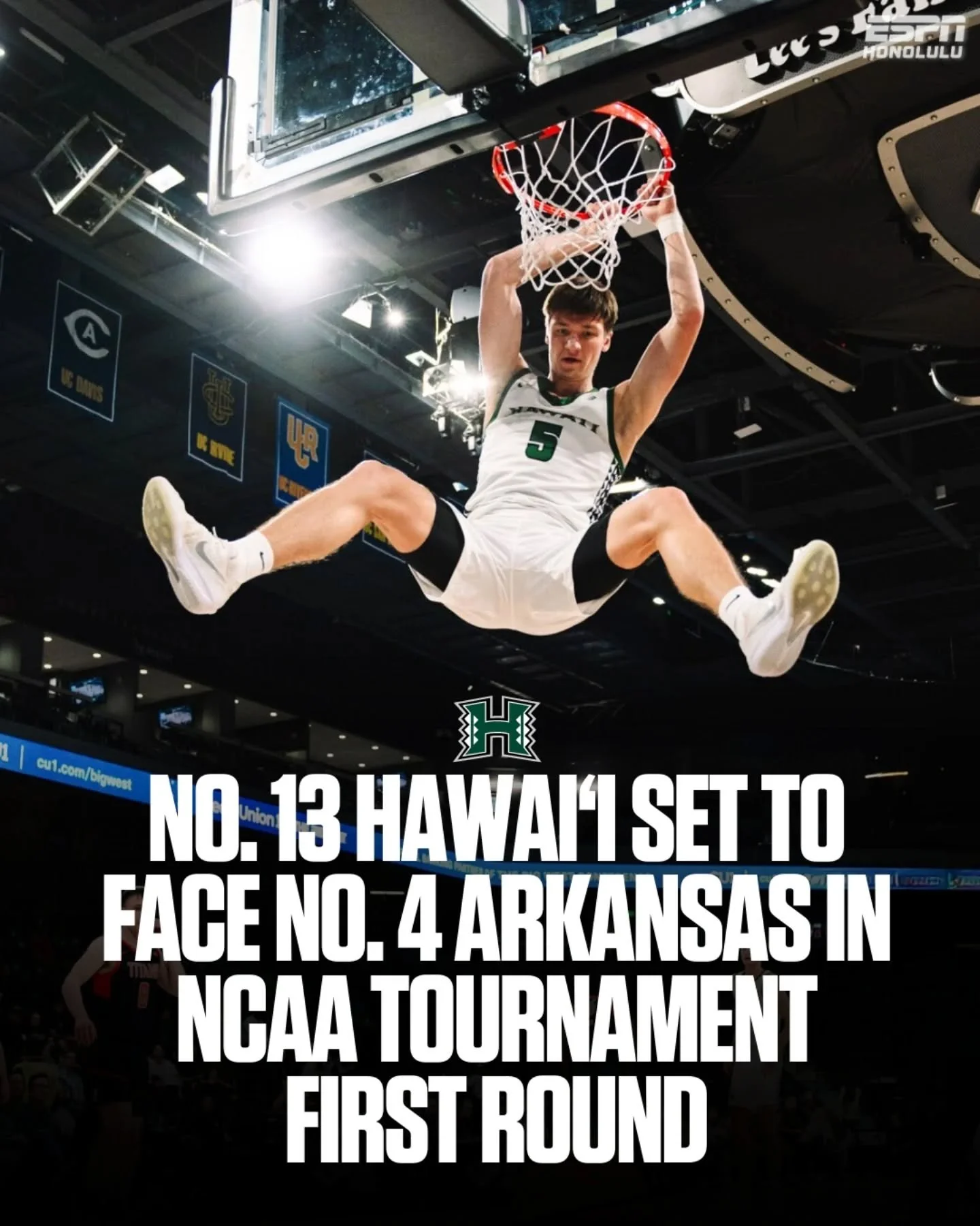 The &lsquo;Bows are going dancing! 🕺🏼🌈🏀

No. 13 Hawai&lsquo;i will face No. 4 Arkansas in the first round of the NCAA Tournament on Thursday March 19th in Portland.

📸 @shootahsav