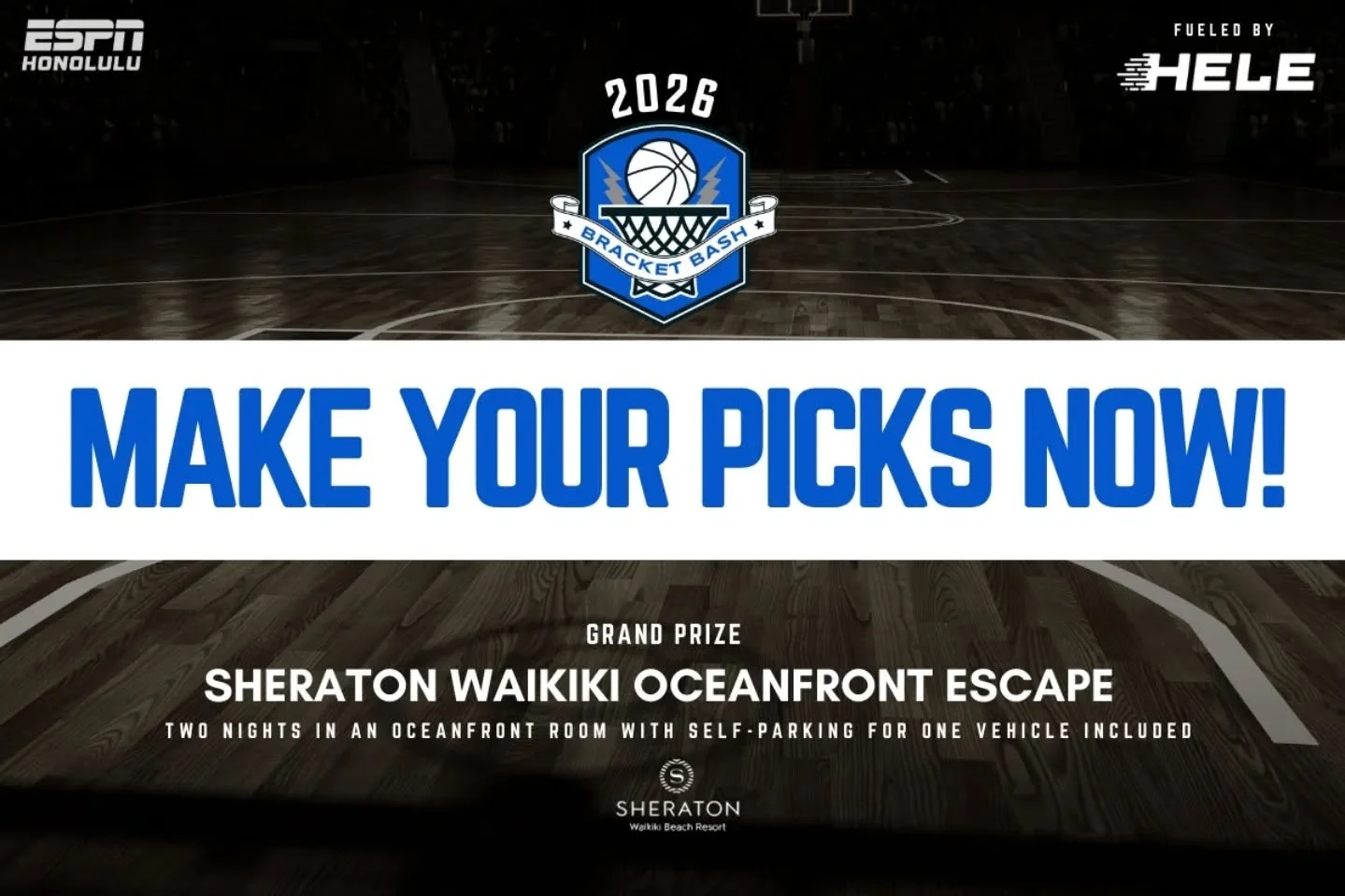 The brackets are out &mdash; and Hawai&lsquo;i is in it! 🌈🏀

Now it&rsquo;s time to make your picks in the ESPN Honolulu Bracket Bash fueled by @helegas.

Build the top bracket and you could win a two-night staycation at the Sheraton Waikiki! 🏨🛌?