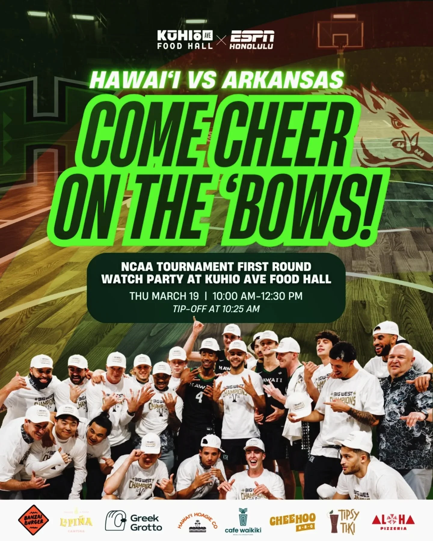 🌈🏀 WATCH PARTY FOR THE &lsquo;BOWS!

Join ESPN Honolulu at @kuhioavefoodhall in International Market Place for a NCAA Tournament First Round Watch Party as No. 13 Hawai&lsquo;i takes on No. 4 Arkansas.

📍 Kuhio Ave Food Hall
📅 Thursday, March 19
