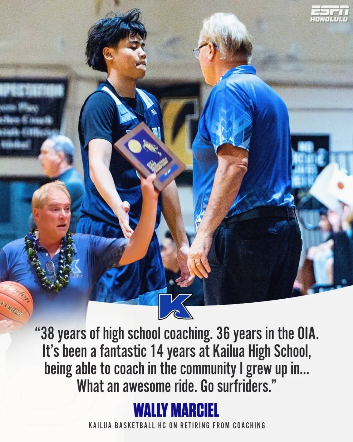 38 years. One lasting legacy. 🌊🏀

As first reported by Honolulu Star-Advertiser, Kailua head coach Wally Marciel is stepping away from coaching after 36 years in the OIA and 14 years leading the Surfriders in his home community.

Congratulations on