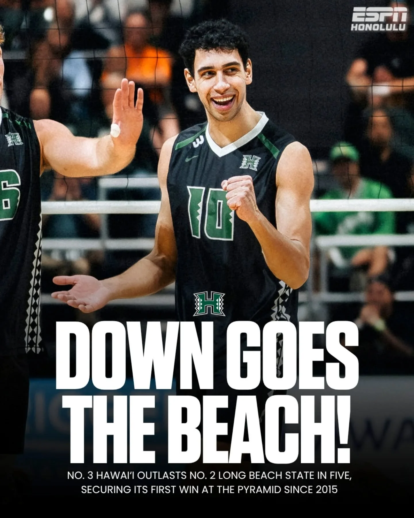 &lsquo;BOWS GET IT DONE. 🌈🏐

No. 3 Hawai&lsquo;i defeats No. 2 Long Beach in five: 26-24, 23-25, 25-19, 20-25, 15-12.
.
.
Round 2 tomorrow at 4pm HST &mdash; listen live on ESPN Honolulu 92.7 FM / 1500 AM with @tifferspxp! 📻

📸 @yasunariphotograp