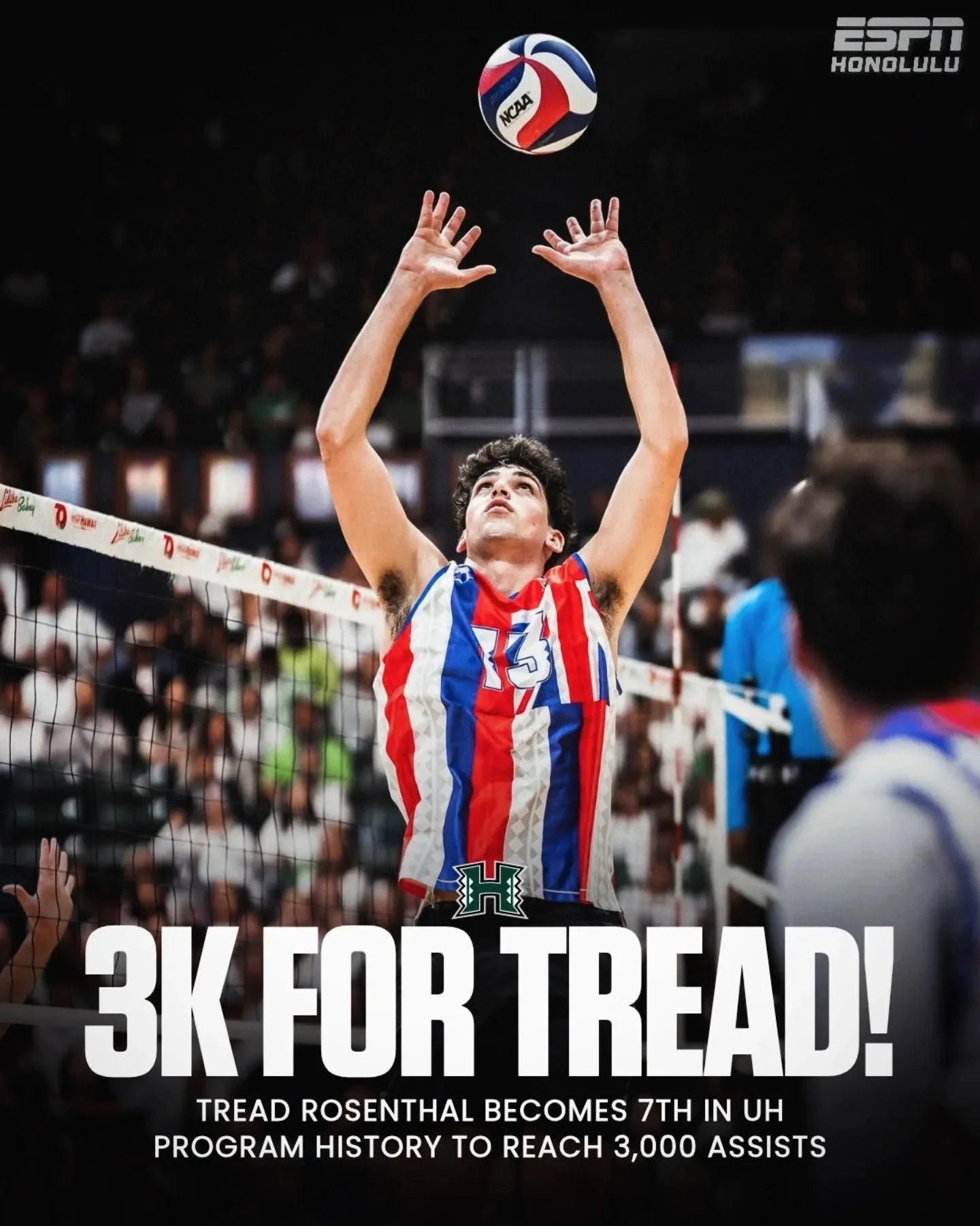 Tread Rosenthal hits another milestone 🌈🏐

The Hawai&lsquo;i setter became just the 7th player in program history to reach 3,000 career assists, hitting the mark in UH&rsquo;s sweep of No. 2 Long Beach State.

📸 @yasunariphotography