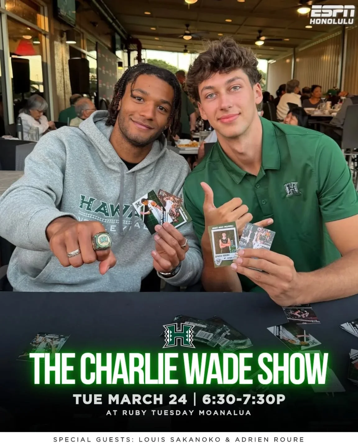 🏐🔥 LIVE TONIGHT

Special guests Louis Sakanoko &amp; Adrien Roure join the Charlie Wade Show once again after a big weekend!

📍 Ruby Tuesday &ndash; Moanalua
🕕 6:30&ndash;7:30pm
🎧 ESPN Honolulu 92.7 FM / 1500 AM

Don&rsquo;t miss it.