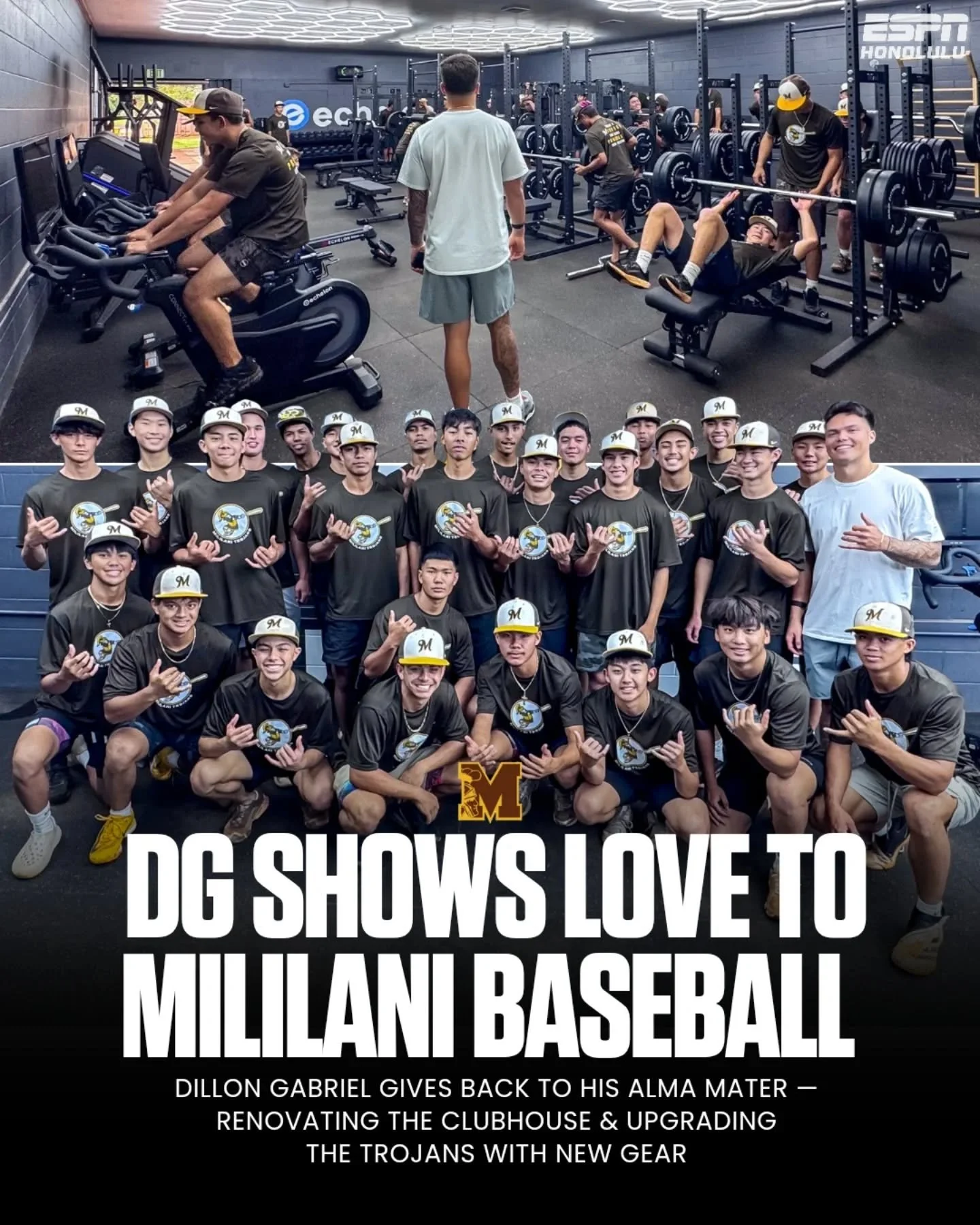Mililani Baseball Clubhouse &mdash; built with purpose. ⚾️

Dillon Gabriel continues to give back to his alma mater, helping renovate the clubhouse and upgrading the Trojans with new gear. 🙌🏽

@dillongabriel @echelon.fit @tuccilimited 🤙🏽

📸 @lor