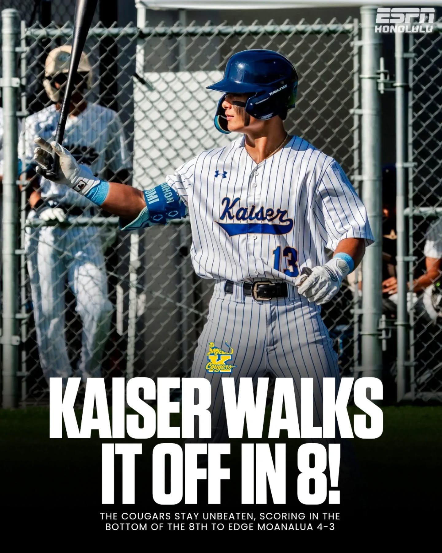 Kaiser keeps rolling. 💥

After Moanalua rallied late to tie it, Kaiser delivers in the 8th to stay perfect at 4-0.

Clutch finish, 12-hit night, and another one in the win column.

📸 @yasunariphotography