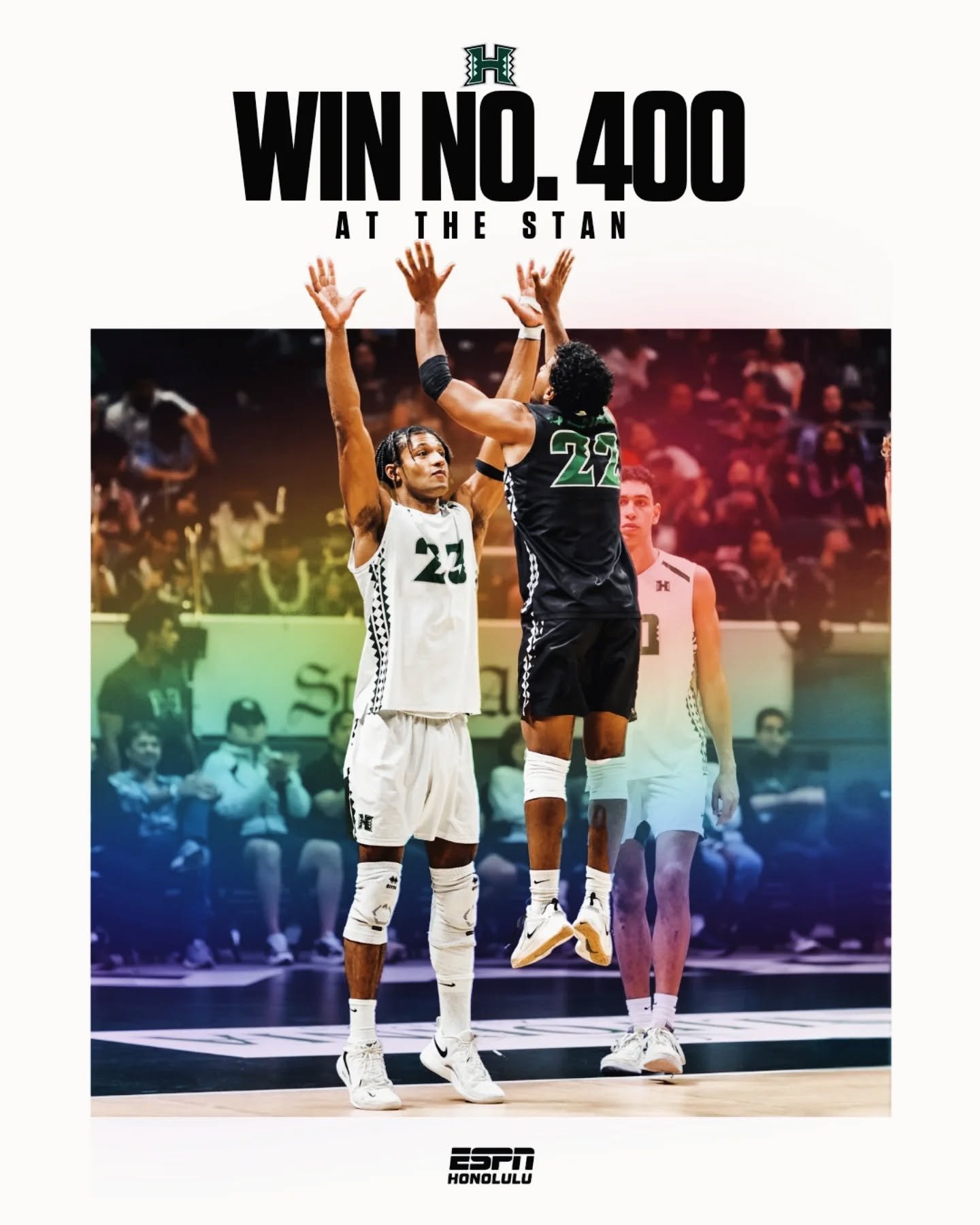 High-fives all around! Historic night at the Stan. 🌈🔥

No. 2 Hawai&lsquo;i takes down No. 8 UC Santa Barbara in four sets to secure win No. 400 at home.

Kristian Titriyski led the way with 18 kills and a double-double, while Louis Sakanoko added 1