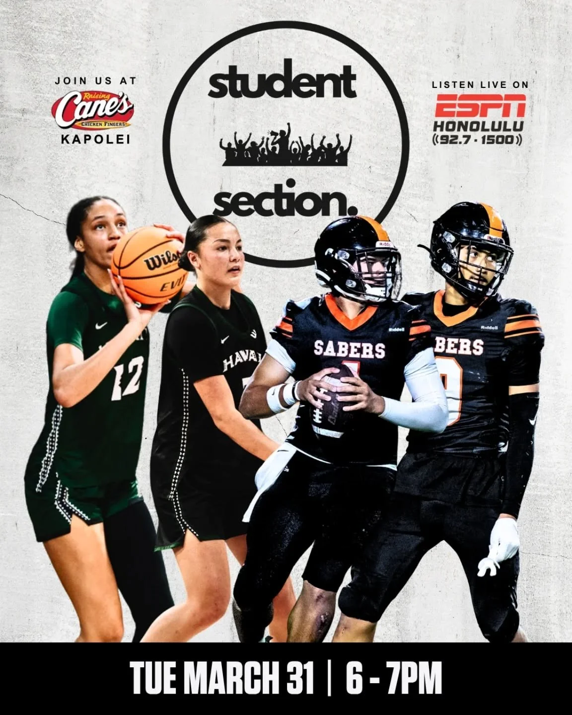 Student Section TONIGHT 🔥

We&rsquo;re live from 6&ndash;7 PM with special guests &mdash; UH Wahine Basketball&rsquo;s Imani Perez &amp; Bailey Flavell, plus Campbell football&rsquo;s Brayden Medeiros &amp; Zayne Pasion 🙌🏽

Good vibes, good convo,