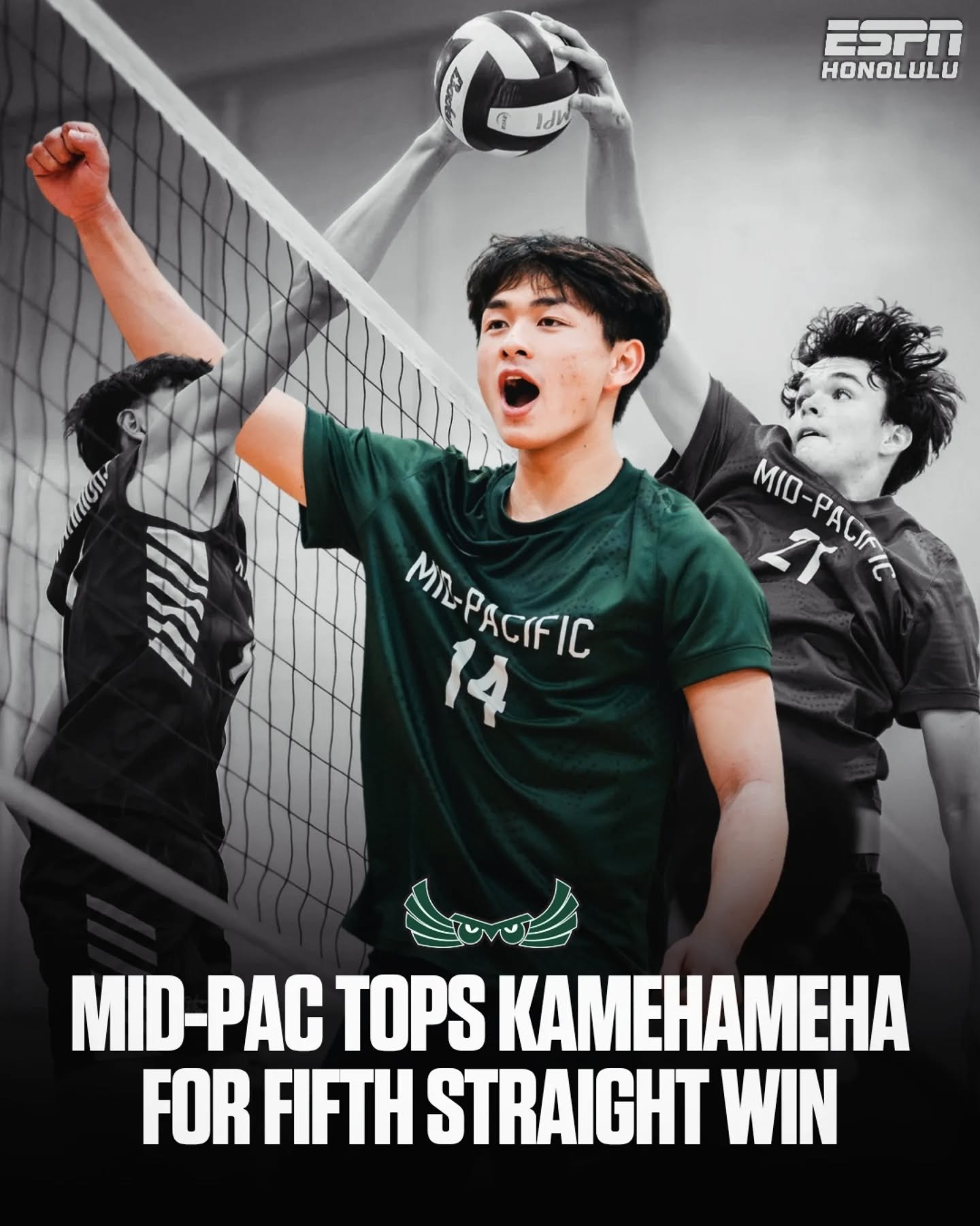 Mid-Pac kept its strong run going Tuesday night, rallying past Kamehameha in four sets, 18-25, 25-18, 25-13, 25-21, for its fifth straight win. 🏐

The Owls have now won five in a row since March 17 and will look to keep the streak alive Thursday aga