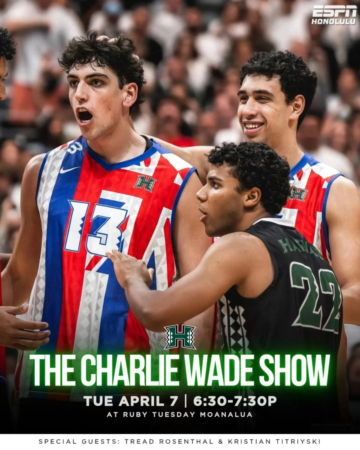 🏐🔥 LIVE TONIGHT

SPECIAL GUESTS Tread Rosenthal &amp; Kristian Titriyski join the Charlie Wade Show after Hawai&lsquo;i moves to 6-0 in Big West play with a big series win over UC Irvine.

Next up: UC San Diego (April 10 &amp; 11) 👀

📍 Ruby Tuesd