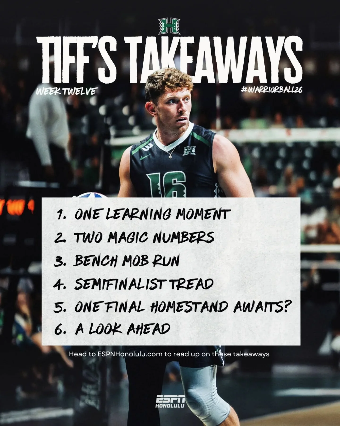 Split the series with UCSD.

One more homestand for the 'Bows this weekend! 🌈🏐

Week 12 of Tiff&rsquo;s #WarriorVolleyball26 Takeaways is live now.

Get the full breakdown on ESPNHonolulu.com or hit the 🔗 in bio.

📸 @yasunariphotography

#GoBows