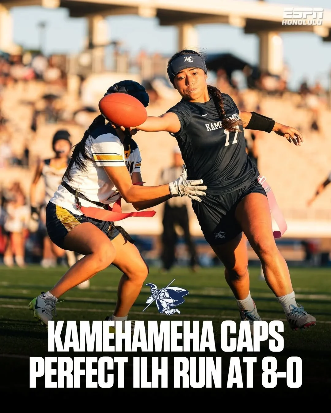 Kamehameha Warriors complete an unbeaten ILH regular season with a 24-9 win over Punahou. 🏈

Rylee Paranada accounted for a passing and rushing touchdown, while Mona Kaululaau and Kailana Tong-Matthews added scores as the Warriors capped off a domin
