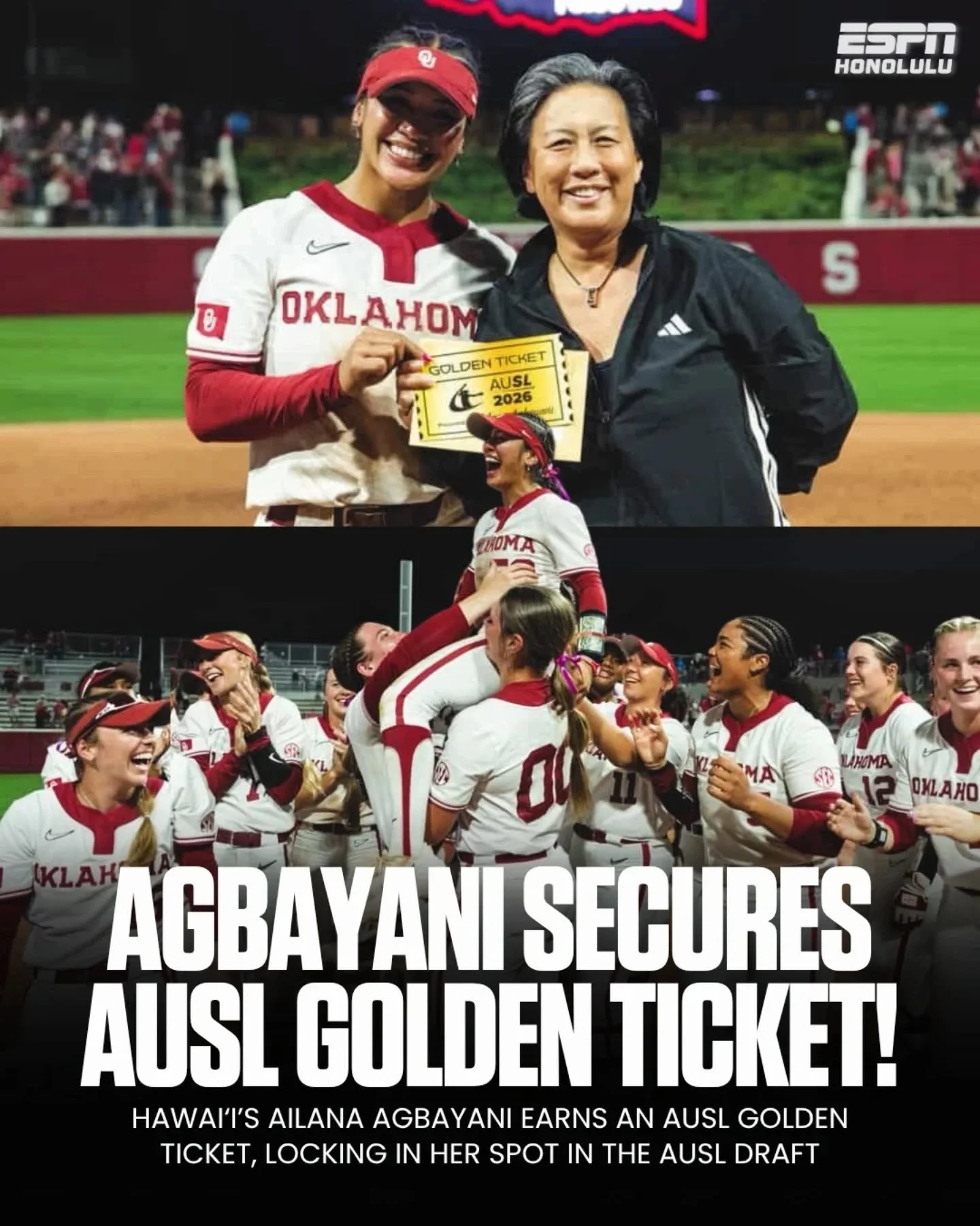 Hawai&lsquo;i&rsquo;s Ailana Agbayani, an ʻIolani alum and standout infielder at Oklahoma, receives the 16th Athletes Unlimited Softball League (AUSL) Golden Ticket, officially locking in her spot in the AUSL Draft and with one of six pro teams for 2