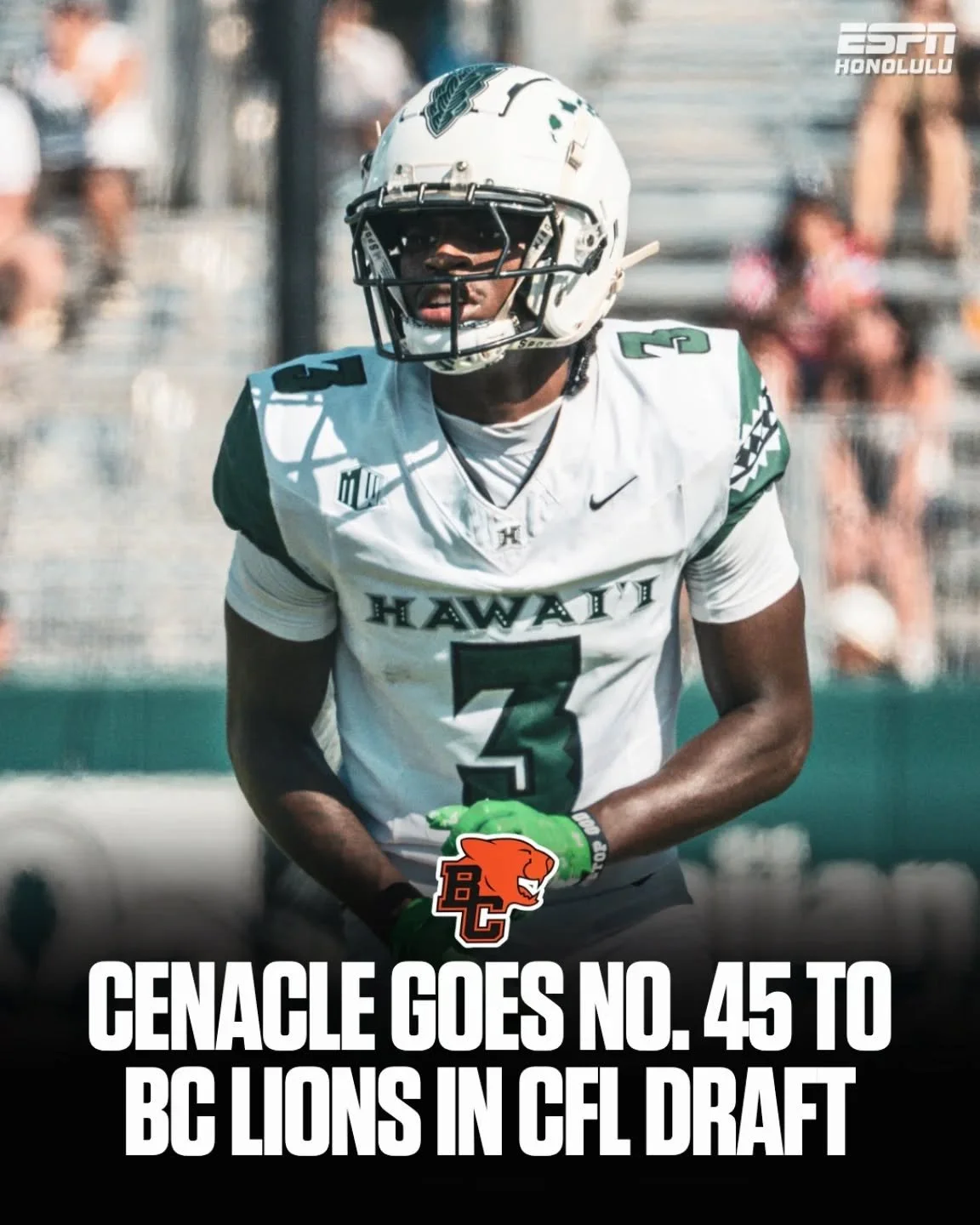 Former University of Hawai&lsquo;i wide receiver Nick Cenacle is headed north 🇨🇦 after being selected 45th overall by the BC Lions in the CFL Draft.

Another Rainbow Warrior taking the next step at the pro level. 🌈🏈 #BowsInThePros