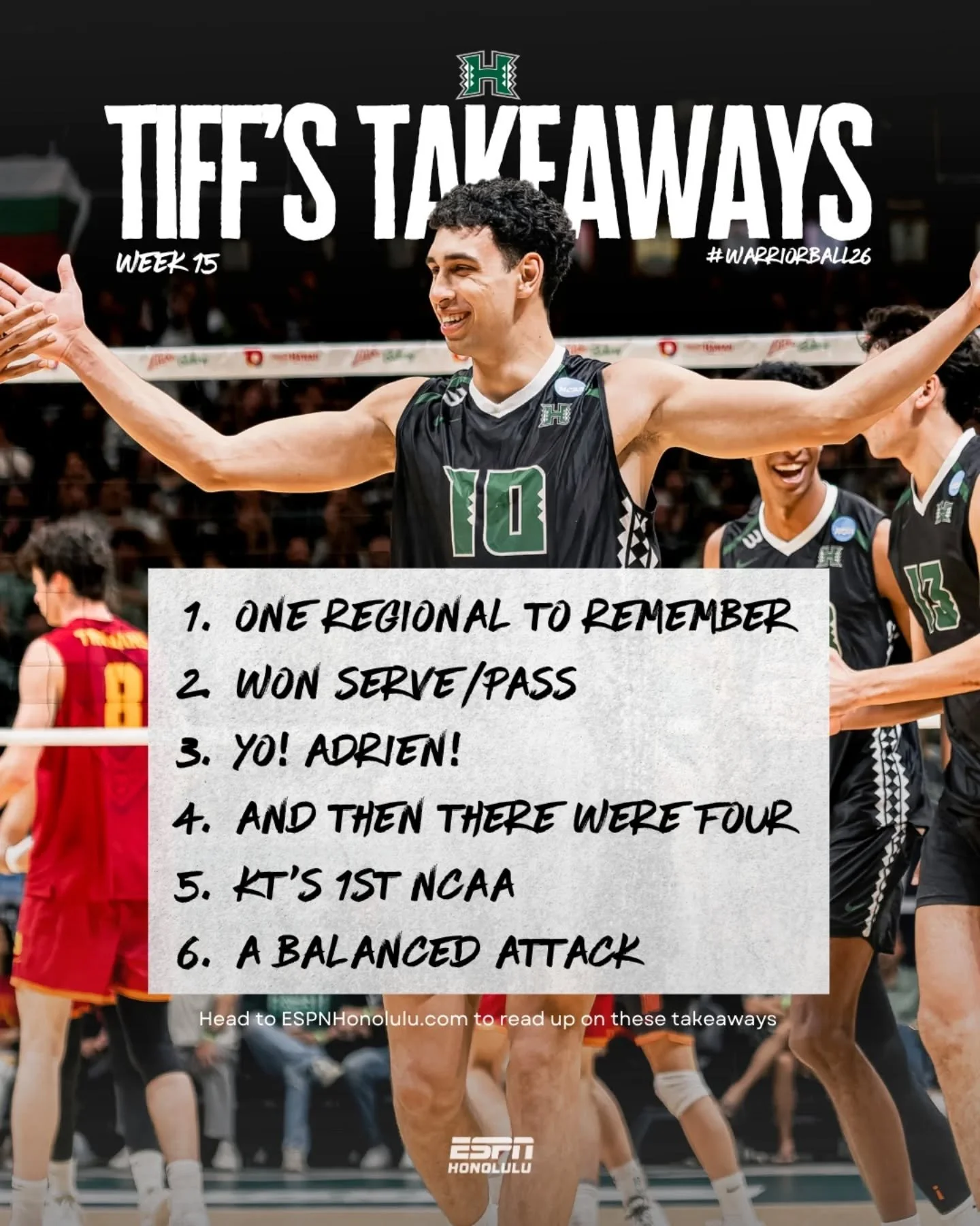The 'Bows are headed to the NCAA Semis after a four-set thriller dub against USC! 🌈🏐

Week 15 of Tiff&rsquo;s #WarriorVolleyball26 Takeaways is live now.

Get the full breakdown at ESPNHonolulu.com or hit the 🔗 in bio.

📸 @yasunariphotography

#G