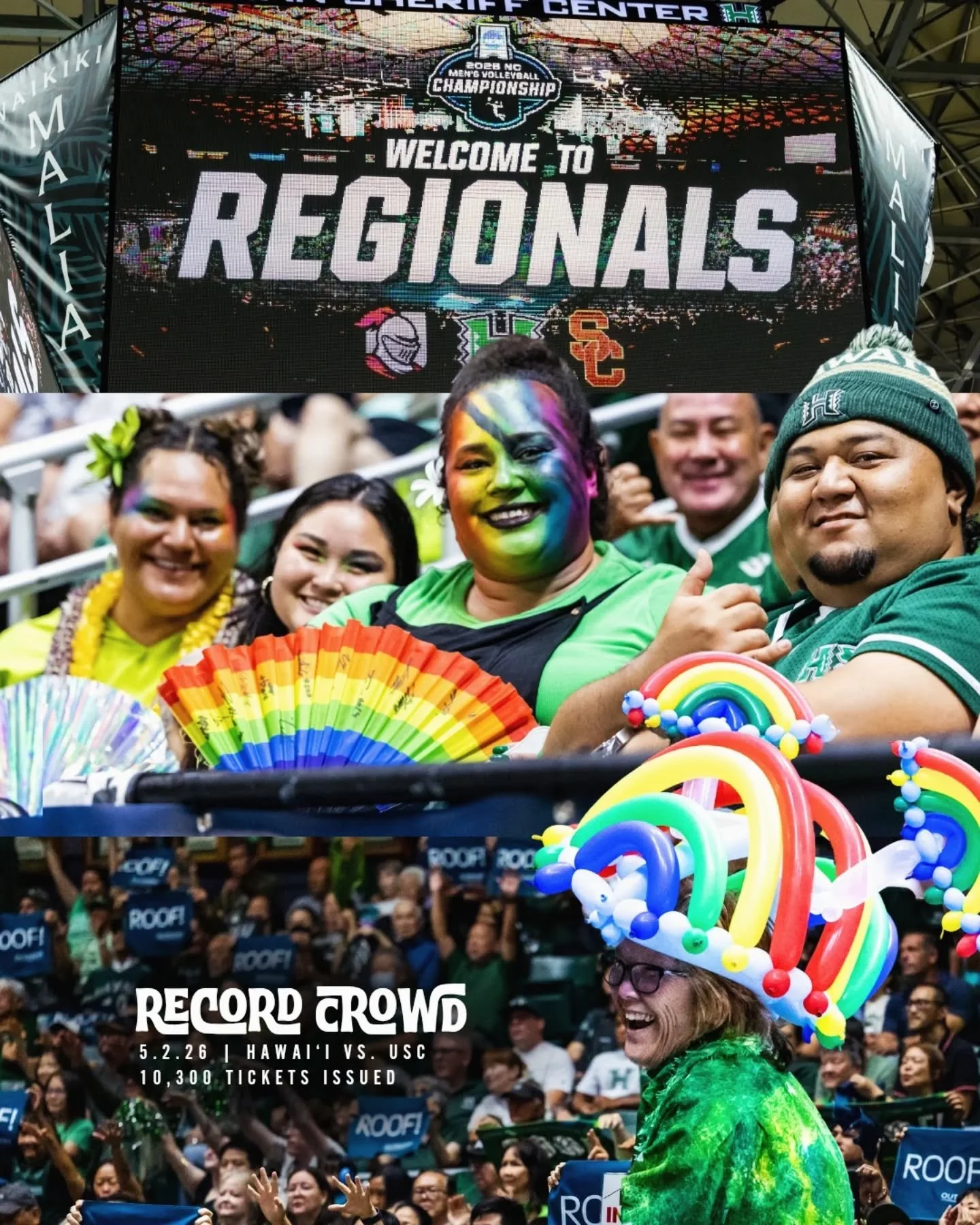 Hawai'i fans are the best fans in the 🌎! 

10,300 tickets were issued for Saturday's NCAA regional final ft. Hawai'i and USC. 🏐🌈🤙🏽👏🏽

📸 @lorimckeownphotography
