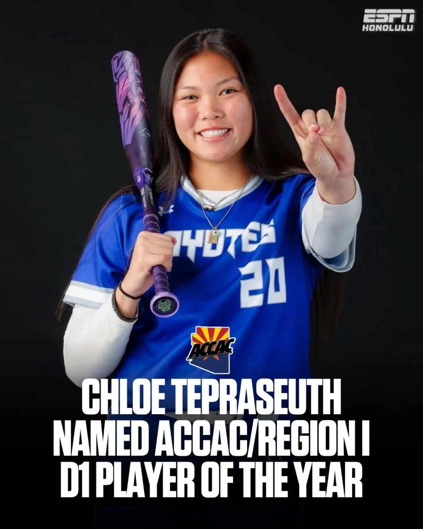 Mid-Pacific alum Chloe Tepraseuth earned 2026 ACCAC/Region I D1 Player of the Year honors after a dominant season for the College of Southern Nevada Coyotes. 🏆🥎

Tepraseuth finished the regular season batting .462 with 79 hits, 60 runs scored, 66 R