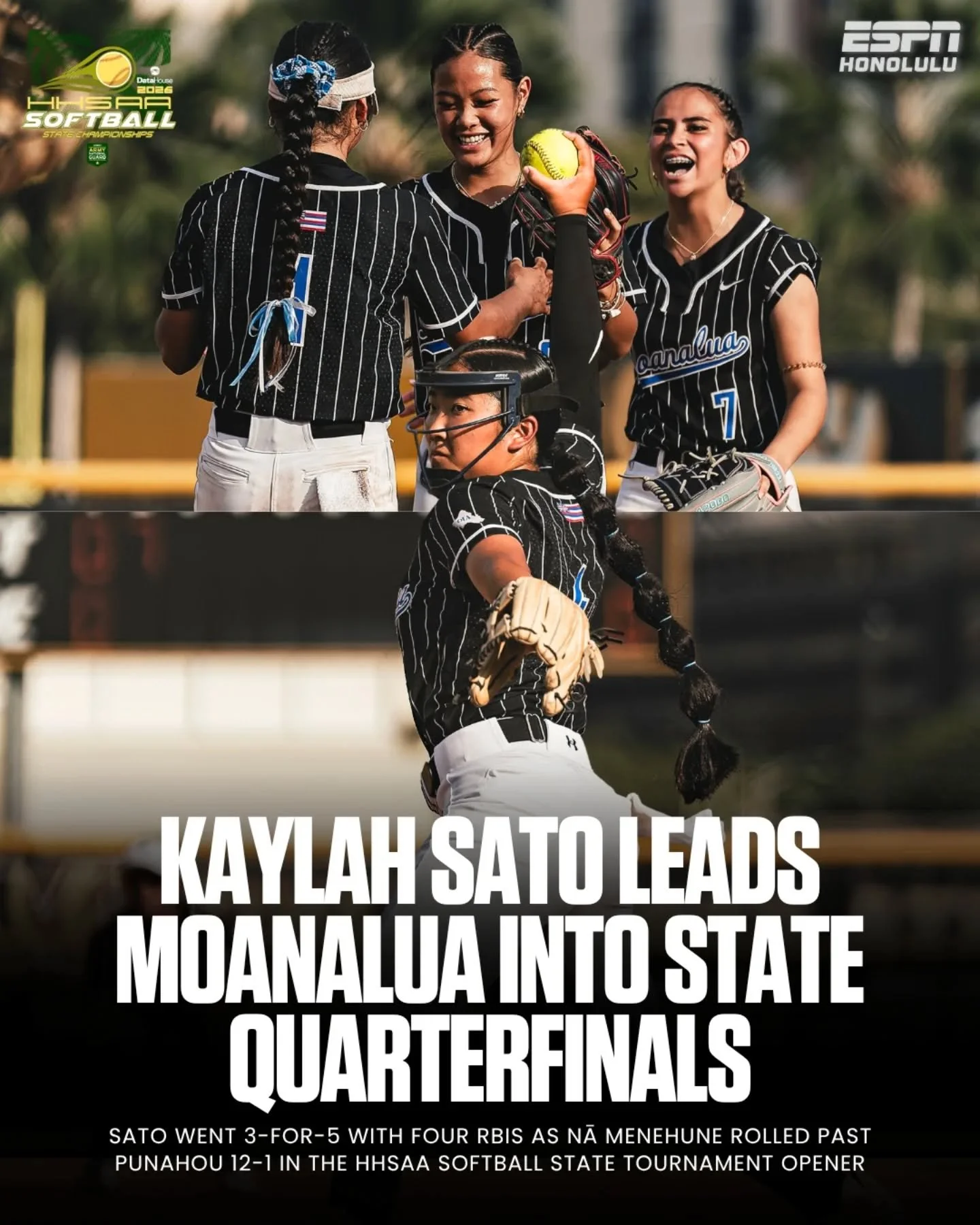 Moanalua is moving on. 🤙🏽🥎

Na Menehune punched their ticket to the HHSAA Division I Softball State Tournament quarterfinals after a dominant win over Punahou.

Next up: Baldwin today at 11:30am at McKinley.

📸 @yasunariphotography
