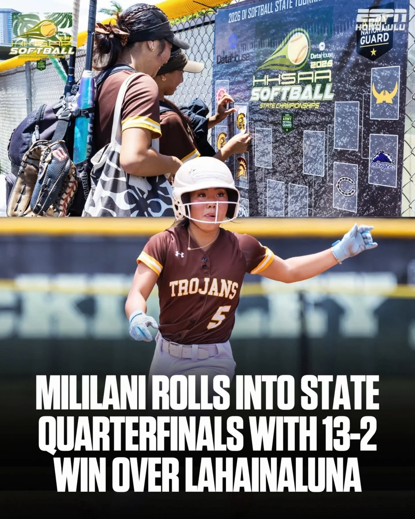 Mililani&rsquo;s offense was rolling from the start. 💥🥎

Lana Nakayama went 3-for-4 with four RBIs, while Emry Alonzo added three hits and three RBIs as the Trojans powered past Lahainaluna 13-2 in five innings at the HHSAA Division I Softball Stat