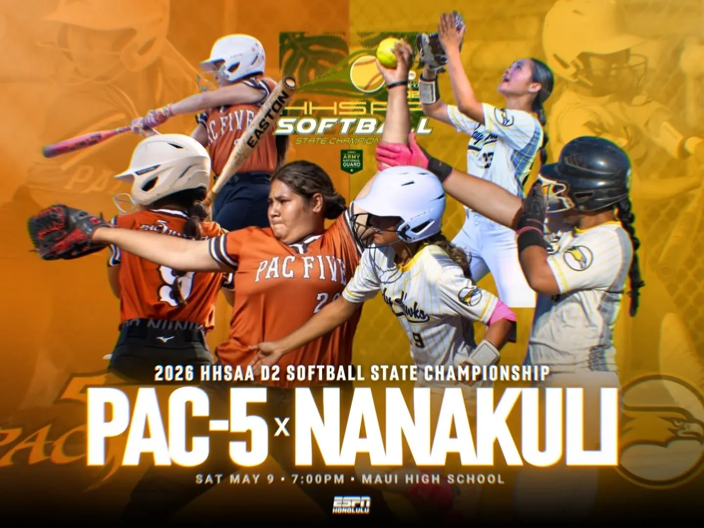 It's Pac-5 vs. Nānākuli for the D2 softball state title!!! 🥎🏆

🗓️ Saturday, May 9
🕖 7 PM
📍 Maui High School

📸 @beniflicks + @ponophotography808