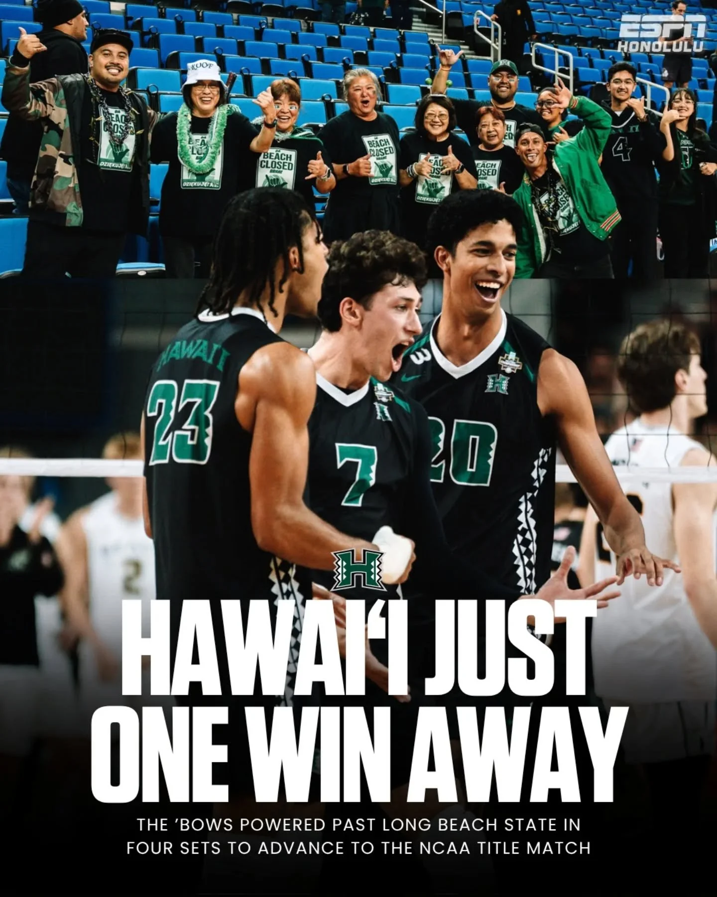 Hawai&lsquo;i is headed to the NCAA Championship 🌈🏐

The &rsquo;Bows powered past Long Beach State in four sets to punch their ticket to the national title match and will face UC Irvine for the championship on Monday.

📸 @shootahsav