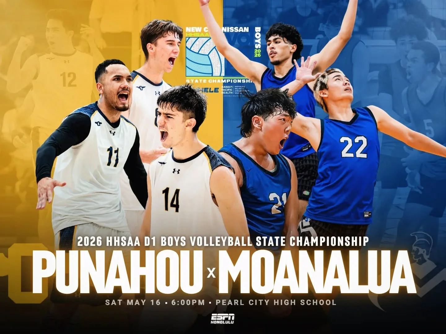 For the state crown. 🏐✍🏼

#1 Punahou and #2 Moanalua meet tonight in the HHSAA Division I Boys Volleyball State Championship match at Pearl City High School.

First serve is set for 6:00 PM.

📻 Listen live on ESPN Honolulu 92.7 FM / 1500 AM. 

📸 