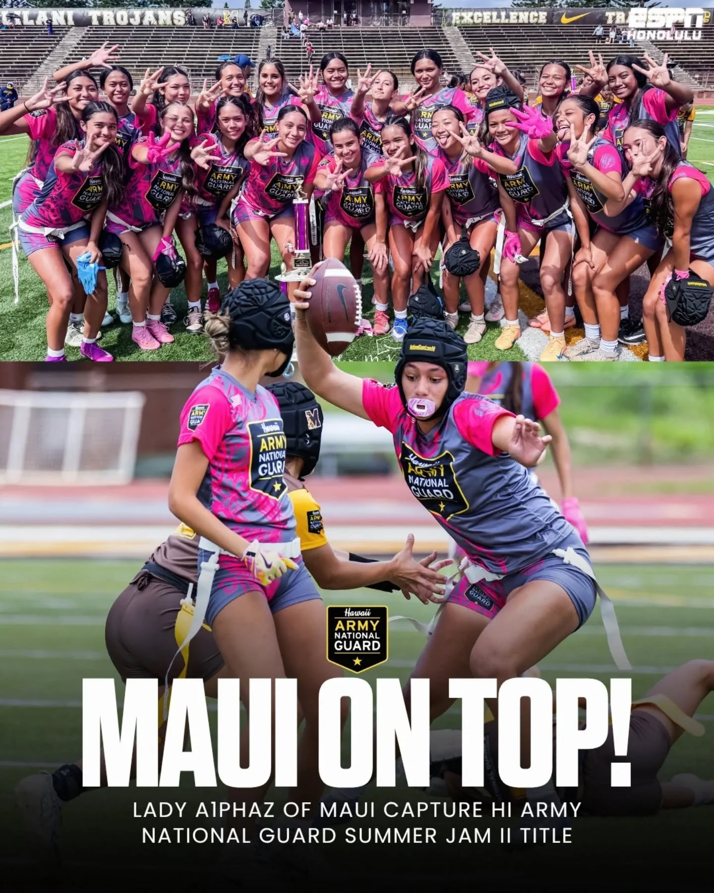 MAUI ON TOP! 🏈🏆

The Lady A1phaz of captured the HI Army National Guard Summer Jam II Girls 7-on-7 Flag Football title after a strong weekend showing 🤙🏽🔥

Congratulations to the champs!

📸 @lorimckeownphotography