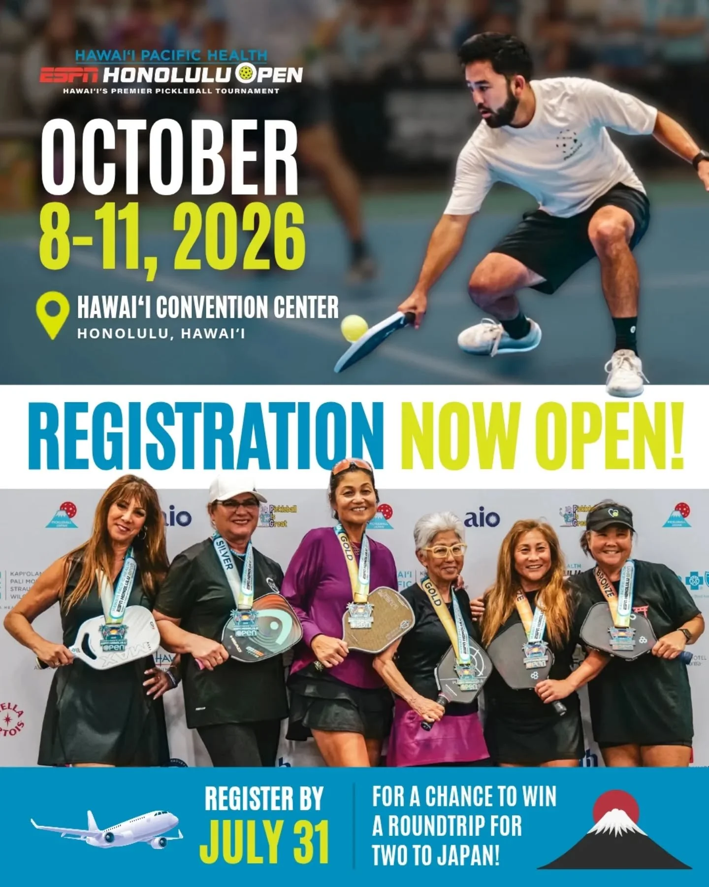 Registration is now open for the 2026 Hawai&lsquo;i Pacific Health ESPN Honolulu Open! 🏓

Join us October 8&ndash;11 at the Hawai&lsquo;i Convention Center for four days of pickleball action on 33+ indoor courts featuring Amateur, Open, and Collegia