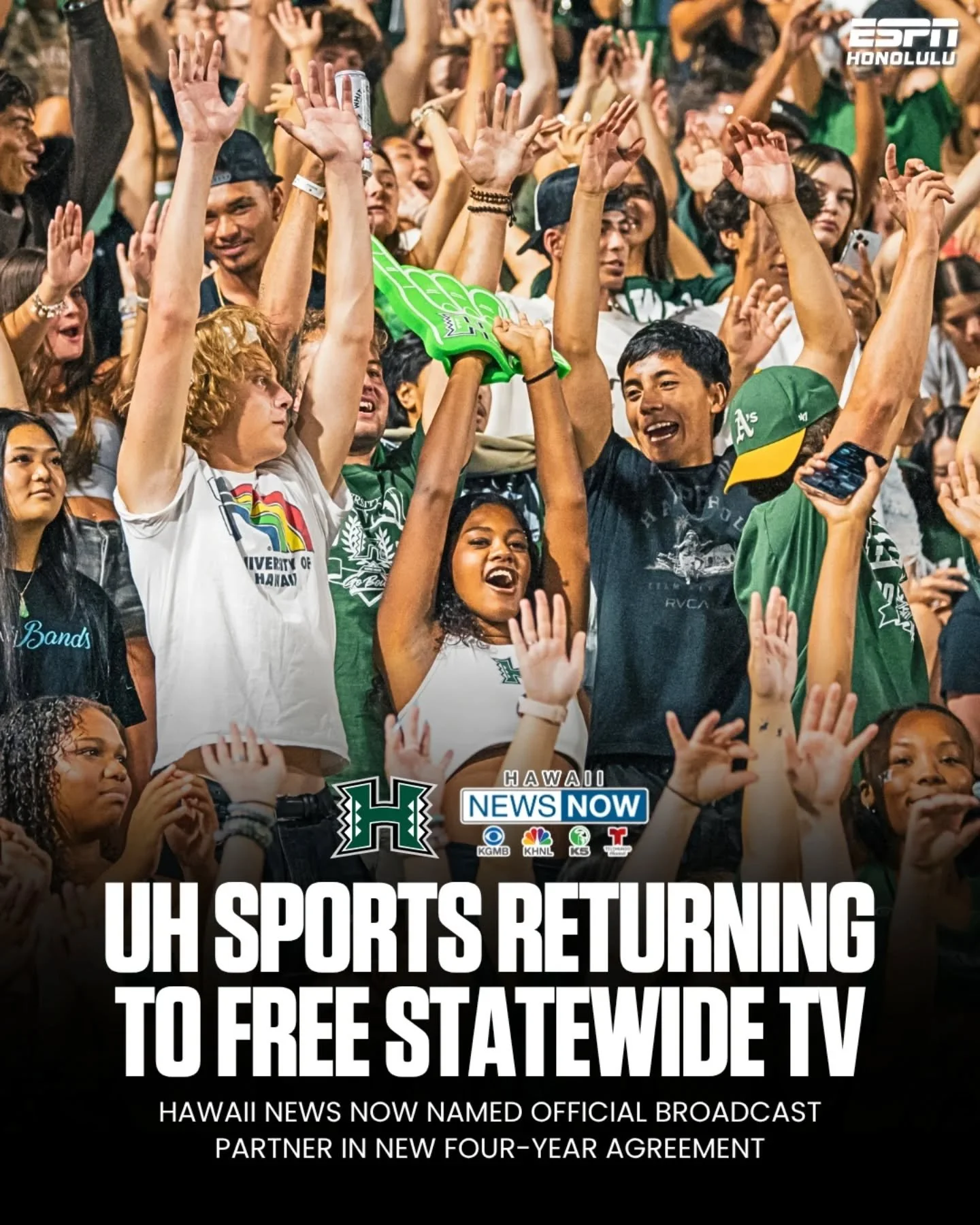UH Athletics announced a new four-year broadcast partnership with Hawaii News Now that will bring more than 110 UH home sporting events annually to free statewide television beginning July 1, 2026.

The agreement returns UH sports to K5, the longtime