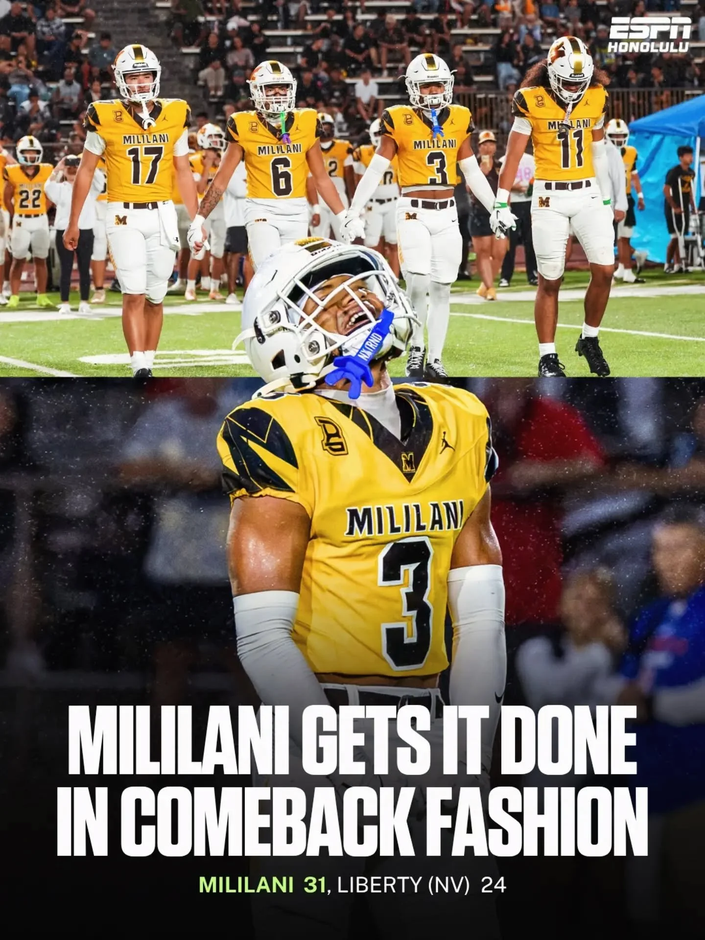 Mililani opened the season with a comeback win, rallying from a 10-point halftime deficit to defeat Nevada&rsquo;s No. 2-ranked Liberty, 31-24.

Hunter Fujikawa threw for 273 yards and three touchdowns in his Trojans debut, while Bless Cabrera-Hopkin