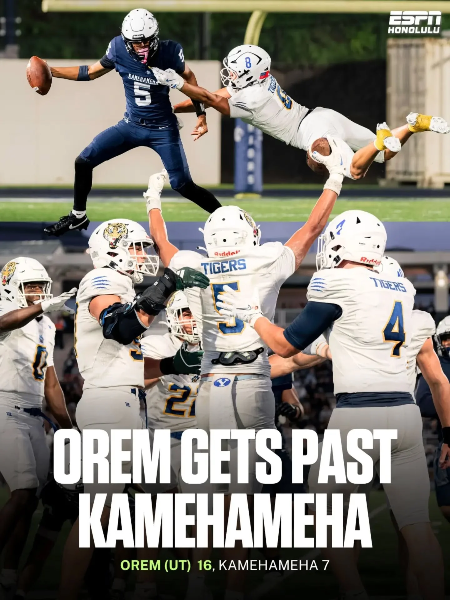 Utah powerhouse Orem earned a 16-7 win over Kamehameha Friday night at Kunuiakea Stadium.

Javoni Halalilo sparked the Tigers with a 64-yard pick-six, while Orem capitalized on two Kamehameha turnovers.

The Warriors recorded four sacks, while Maddox
