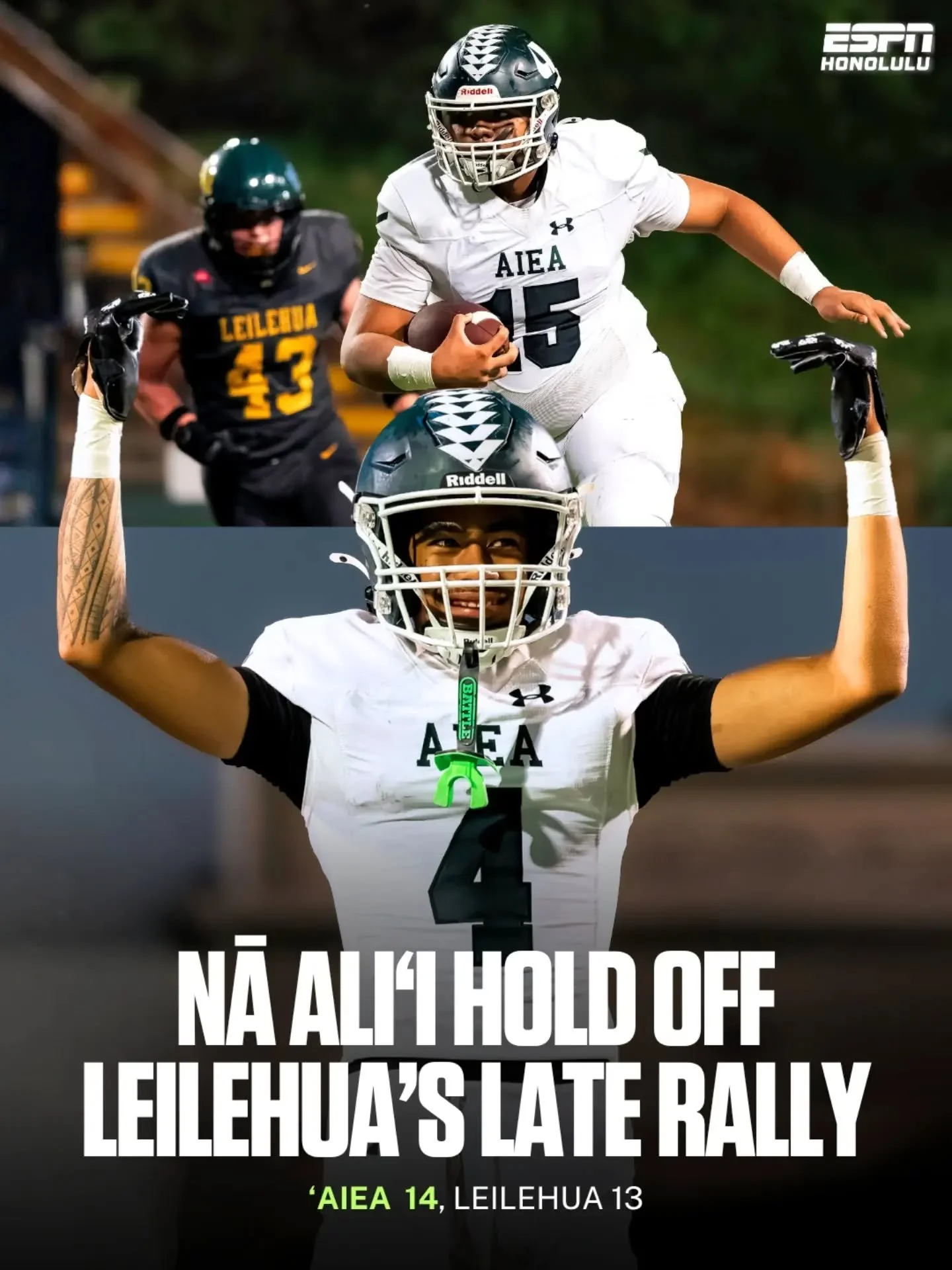 'Aiea improved to 2-0 with a 14-13 win over Leilehua on Friday night.

Nā Ali'i scored all 14 of its points in the first half, then held off the Mules after Leilehua pulled within one in the fourth quarter.

📸 @yasunariphotography