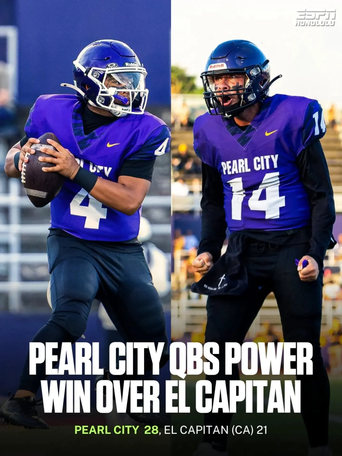 Pearl City got it done through the air, using a two-quarterback attack to hold off El Capitan (Calif.), 28-21.

Brydan Gaoiran and Jayden Delos Santos each threw two touchdown passes for the Chargers, while Maiaku Lii finished with eight catches for 