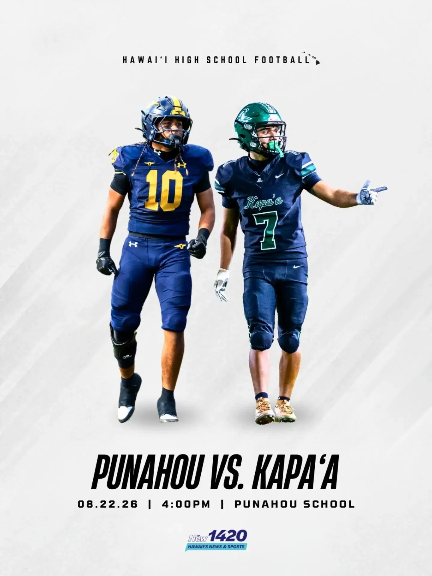 Punahou hosts Kapaʻa this afternoon in a Hawaiʻi high school football matchup! 🏈

📍 Punahou School
⏰ Kickoff: 4:00 p.m.

📻 Catch all the action live on The New 1420 AM or listen to the radio broadcast at hawaiisnewsandsports.com.