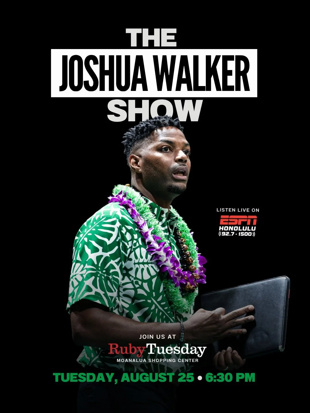 The first-ever Joshua Walker Show is LIVE tomorrow night! 🏐🌈

Join new Rainbow Wahine Head Coach Joshua Walker and Kanoa Leahey at Ruby Tuesday Moanalua Shopping Center from 6:30&ndash;7:30 p.m. as Coach Walker talks UH Wahine volleyball and the se