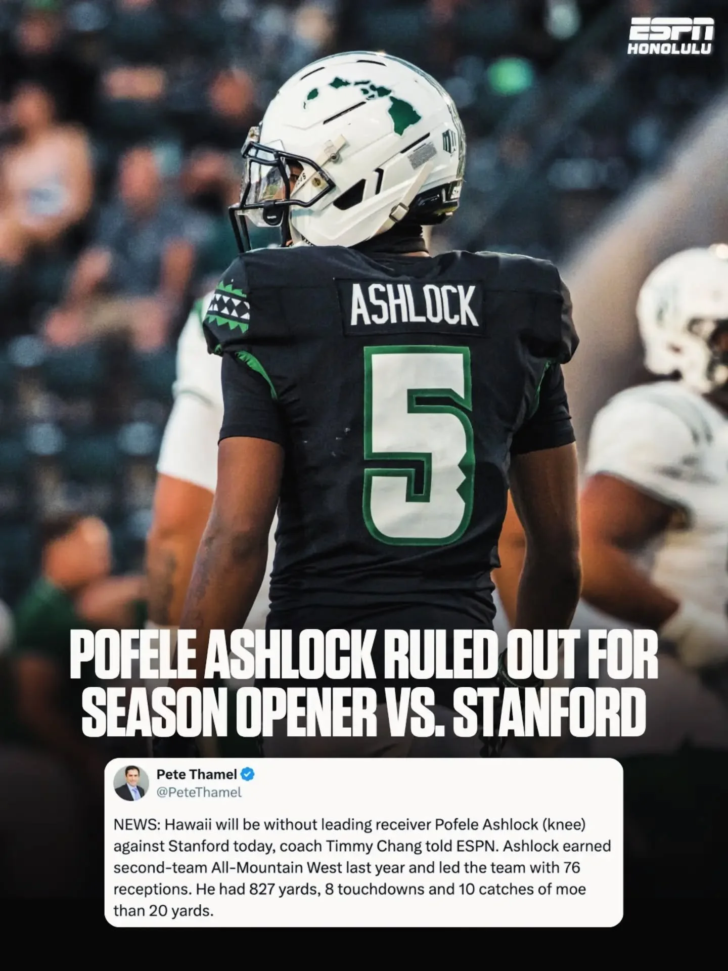Hawaiʻi will be without leading receiver Pofele Ashlock for today&rsquo;s season opener against Stanford due to a knee injury, head coach Timmy Chang told ESPN&rsquo;s Pete Thamel.

Ashlock led the Rainbow Warriors with 76 receptions for 827 yards an