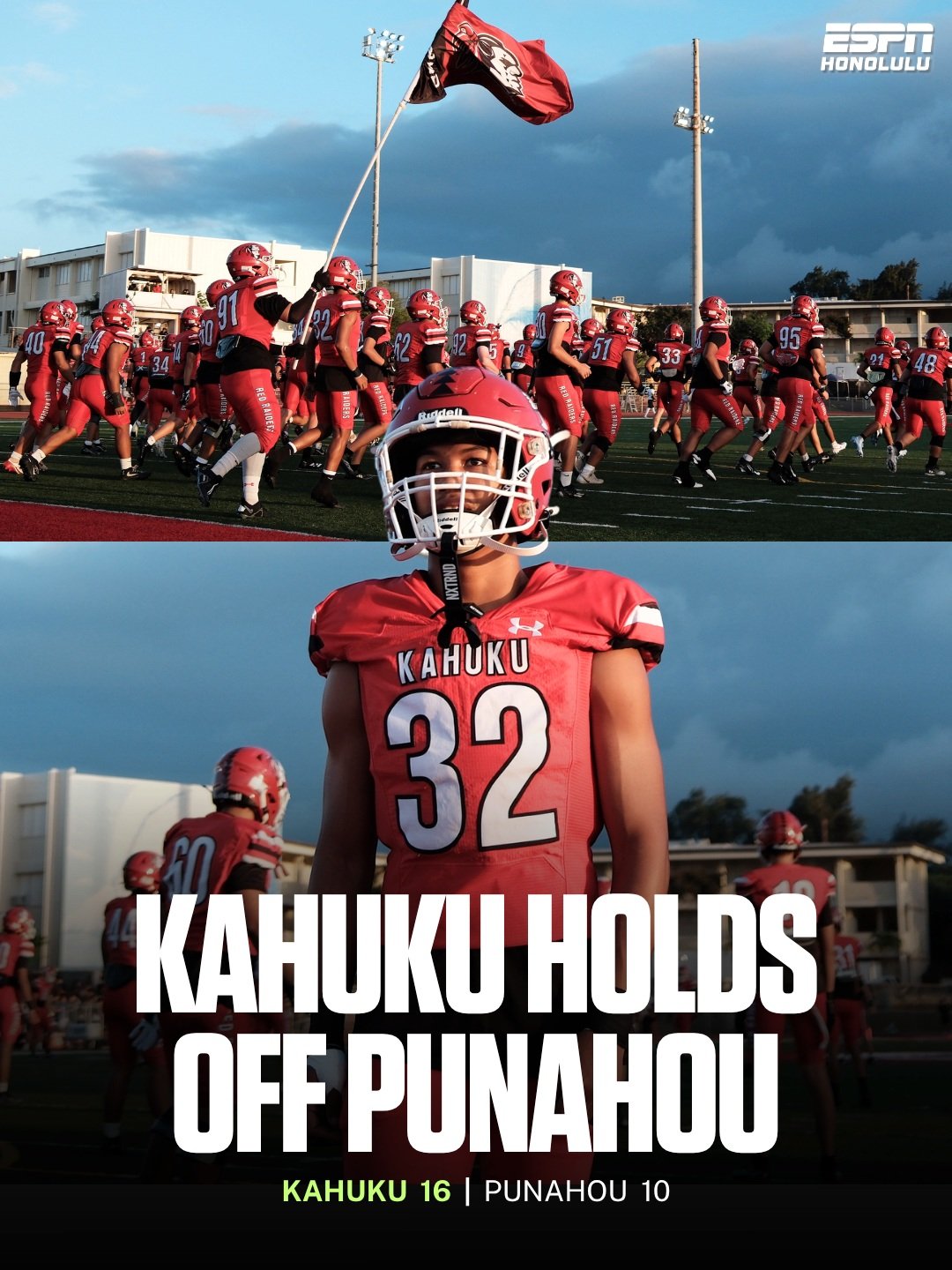 Kahuku improves to 3-0 with a 16-10 win over Punahou, defending home turf and staying unbeaten on the season.

📸 @garin_pog