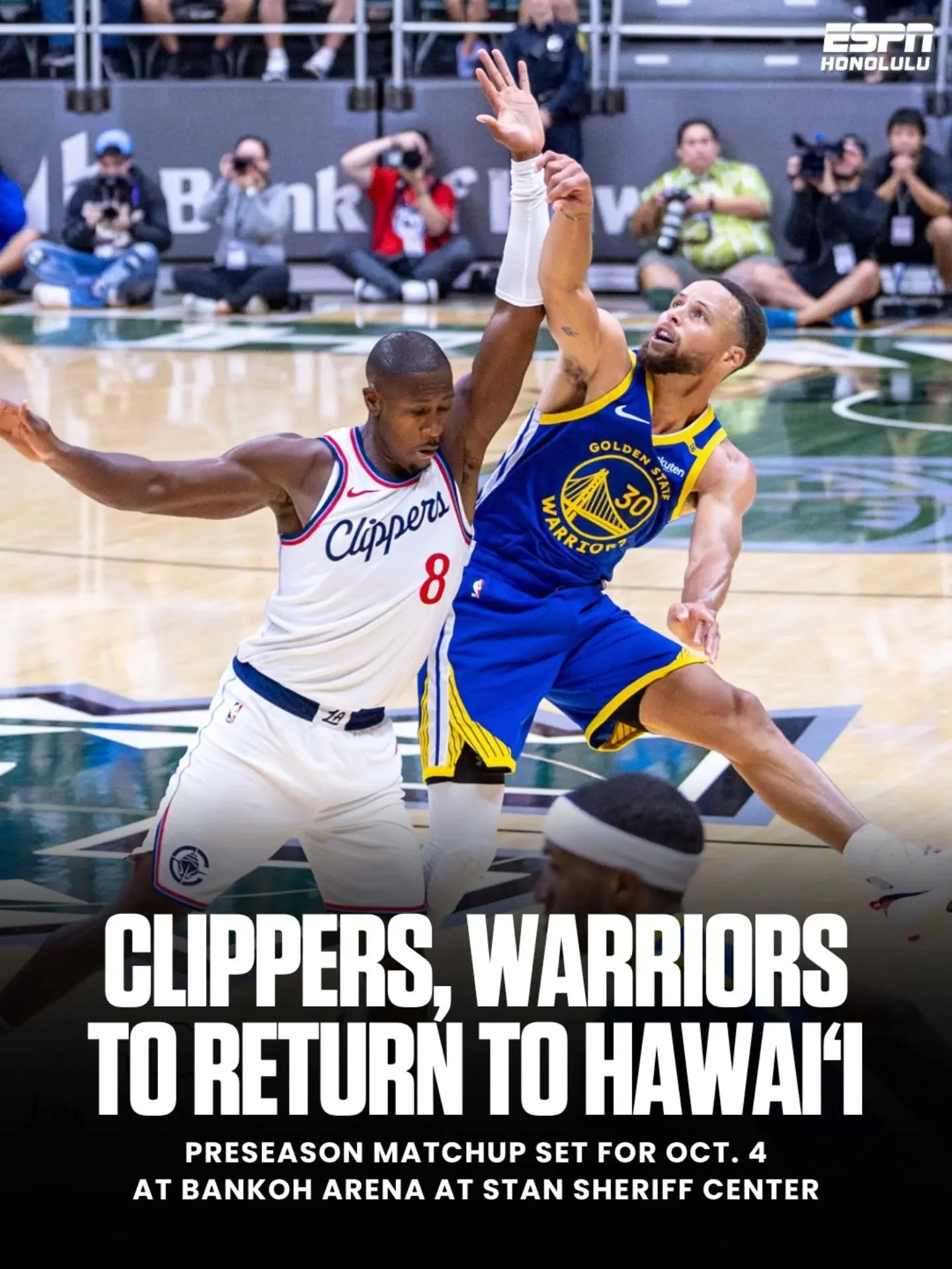 The Clippers and Warriors are headed back to Hawaiʻi 🏀🌴

Both teams will return to Oʻahu for training camp before facing off in a preseason matchup on Sunday, Oct. 4 at 1 p.m. HST at Bankoh Arena at Stan Sheriff Center.

🎟️ Tickets go on sale Sept